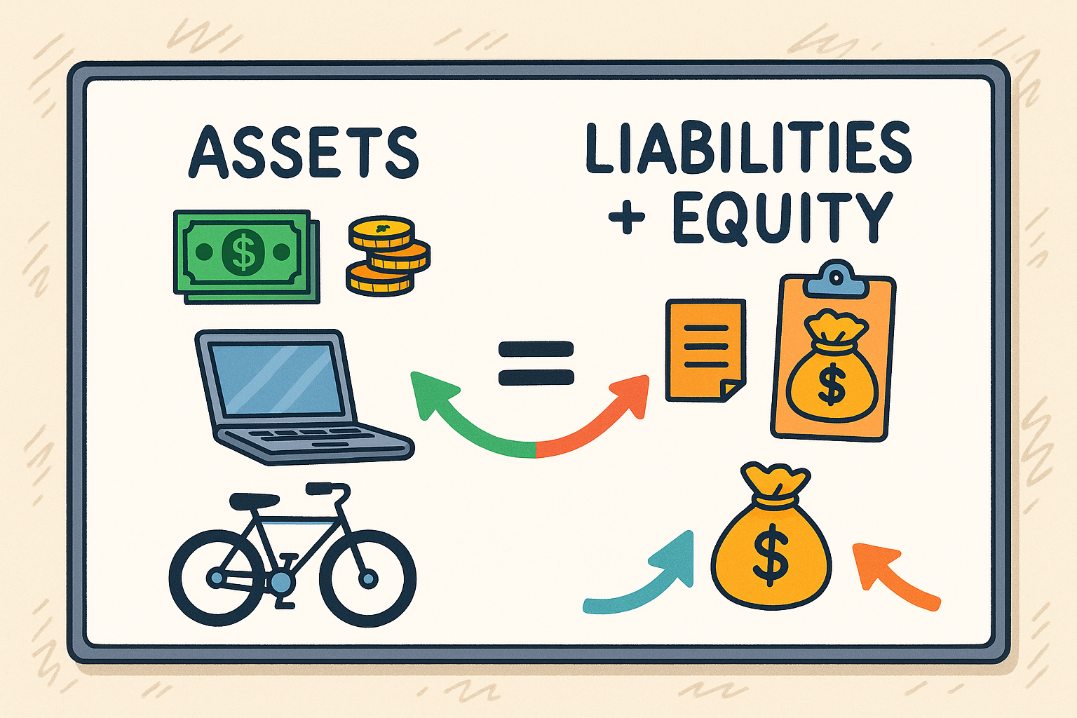 Classroom whiteboard divided into Assets and Liabilities + Equity, showing icons like cash, laptop, bicycle on the left and loan documents with money bags on the right, connected by colorful arrows representing balance.