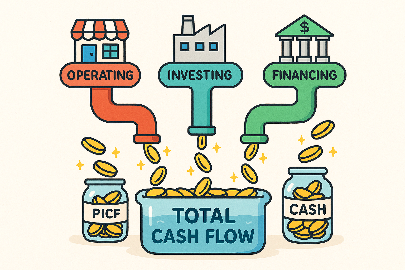 Three colorful pipes labeled Operating, Investing, and Financing with coins flowing into a main tank labeled Total Cash Flow. Each pipe has a small icon: a shop, a factory, and a bank, representing different sources of cash flow.