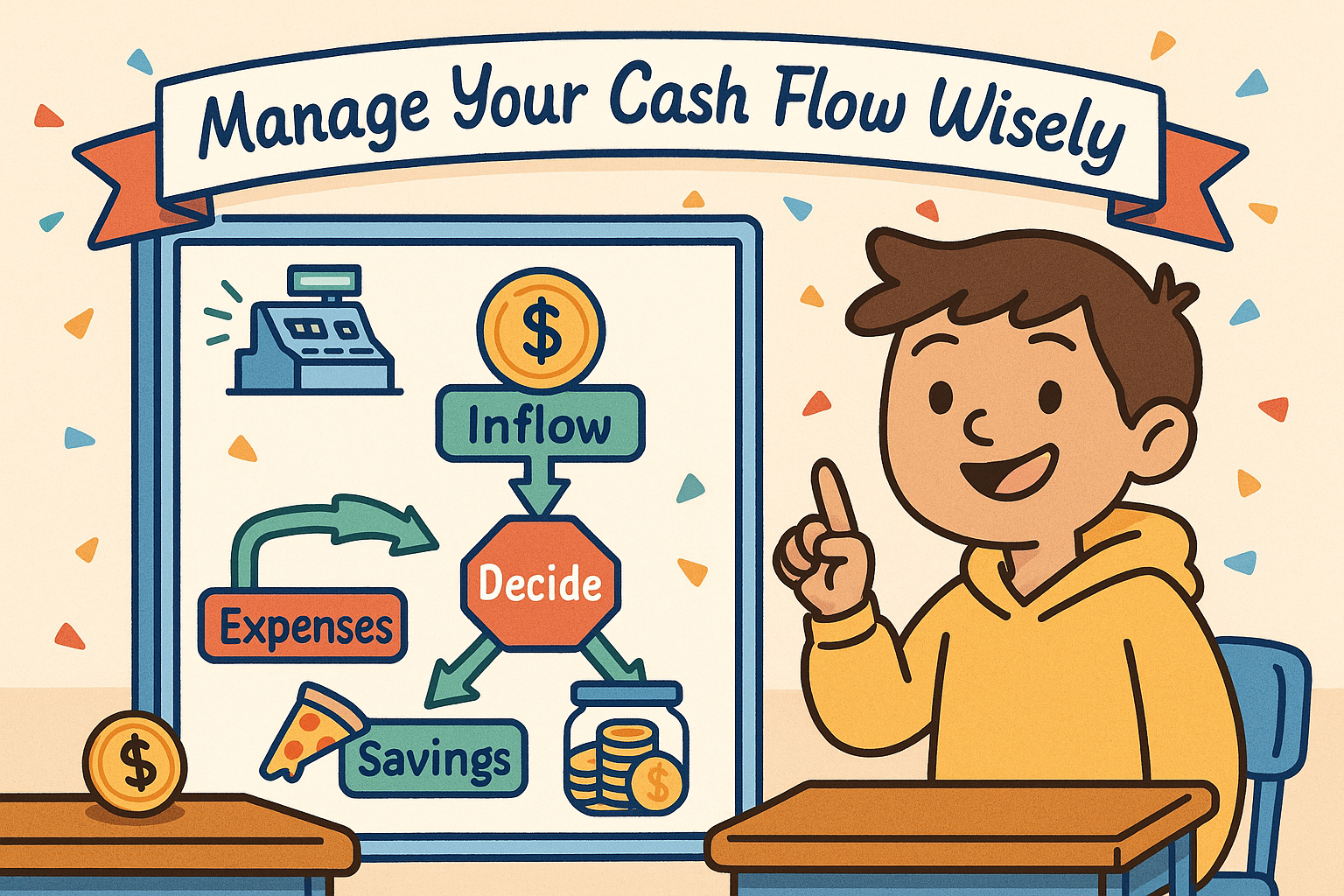 Classroom-style dashboard titled My Cash Tracker showing green bars for inflows and red bars for outflows across a week. A cheerful student points to the chart, emphasizing how to manage cash flow wisely.
