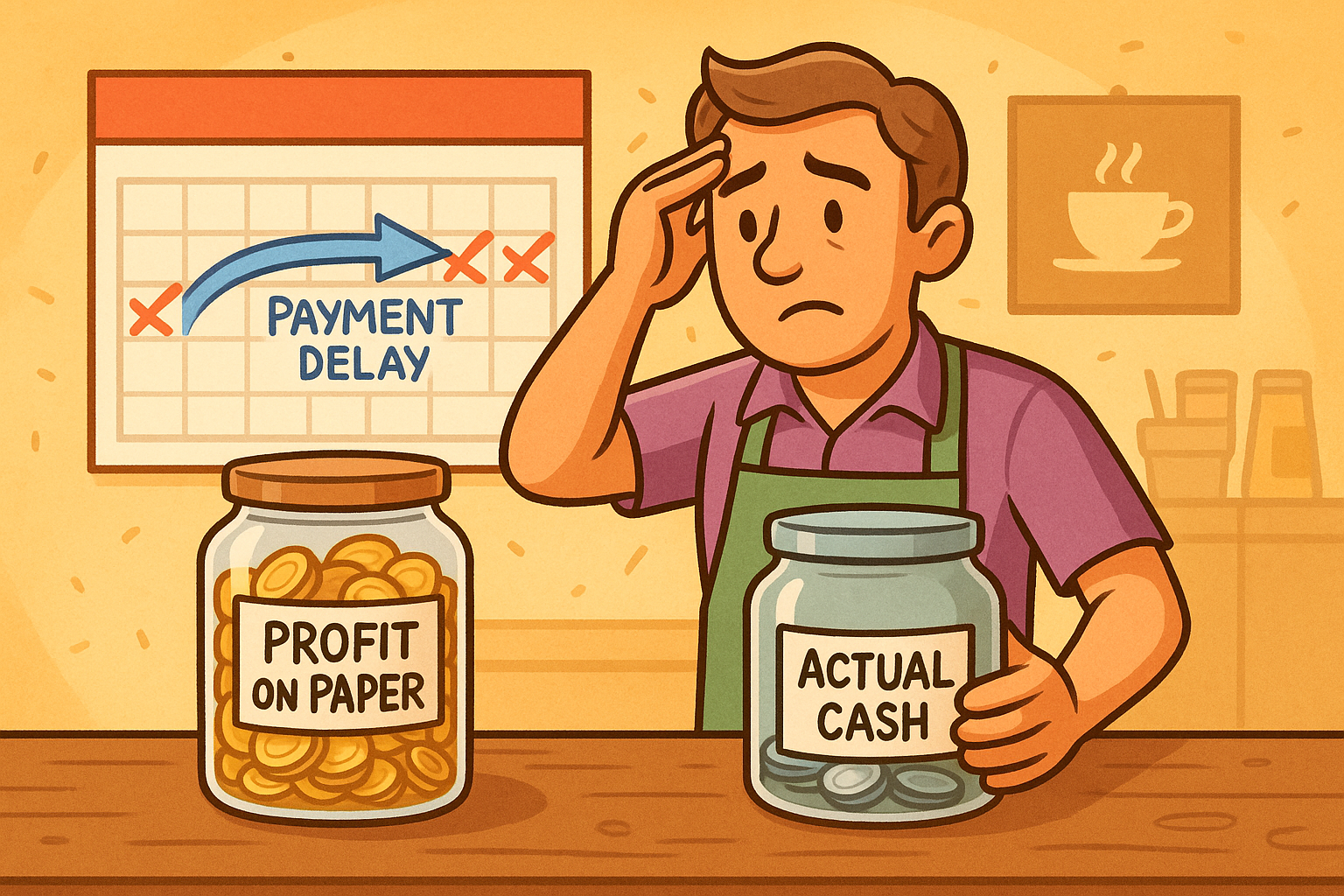 Cafe owner looking at a calendar with a payment delay arrow; two jars on the counter labeled Profit on Paper and Actual Cash showing the gap between recorded profit and real cash.