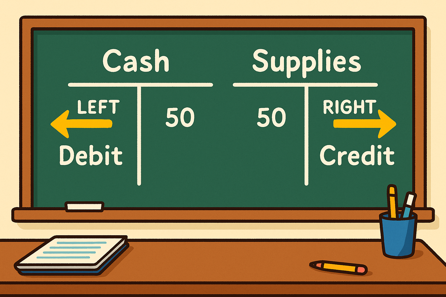 Classroom board with two T-accounts labeled Cash and Supplies, arrows showing Debit on the left and Credit on the right with example values.