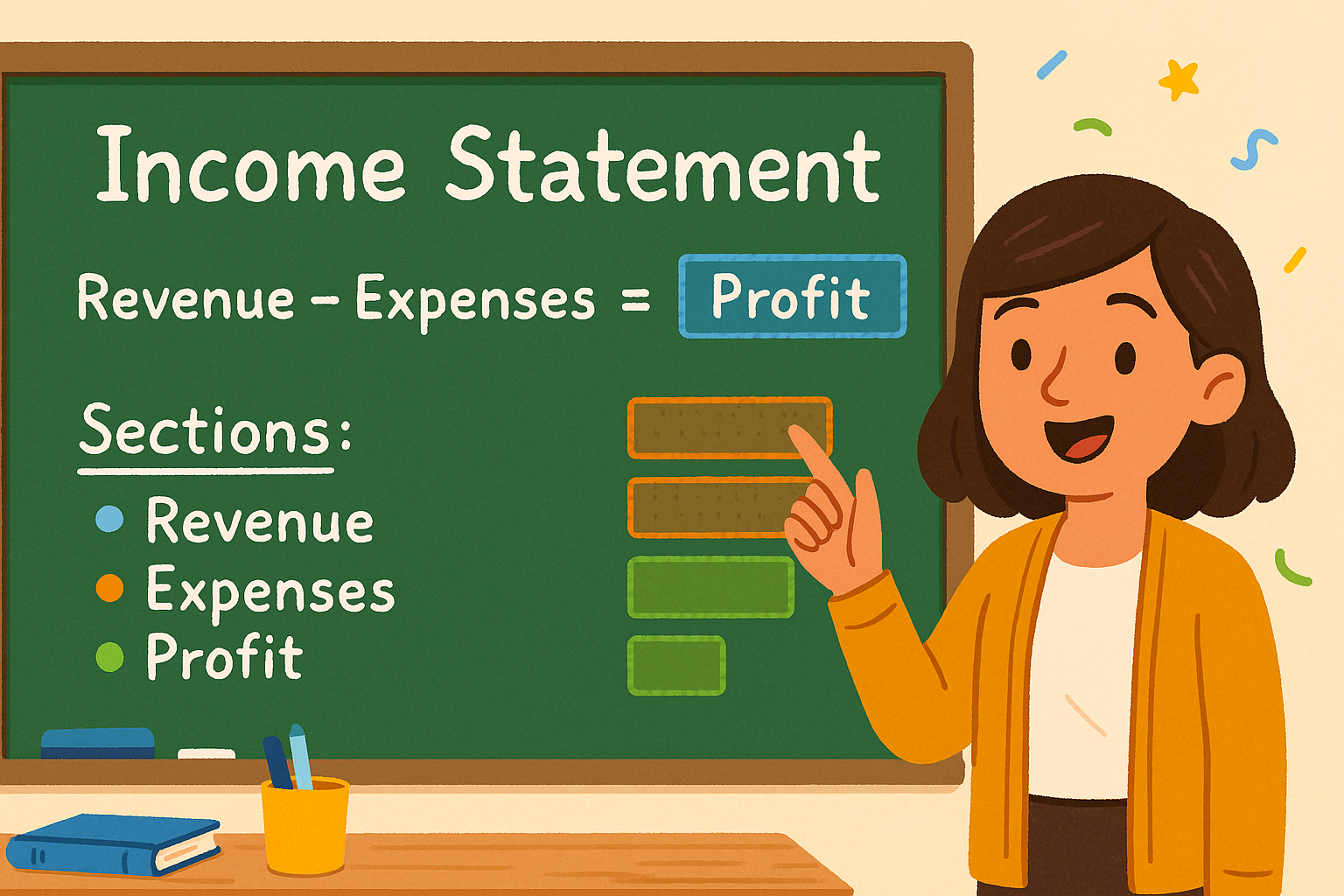 A classroom illustration of a teacher explaining the income statement on a chalkboard with sections for Revenue, Expenses, and Profit, showing how business earnings are calculated step by step.