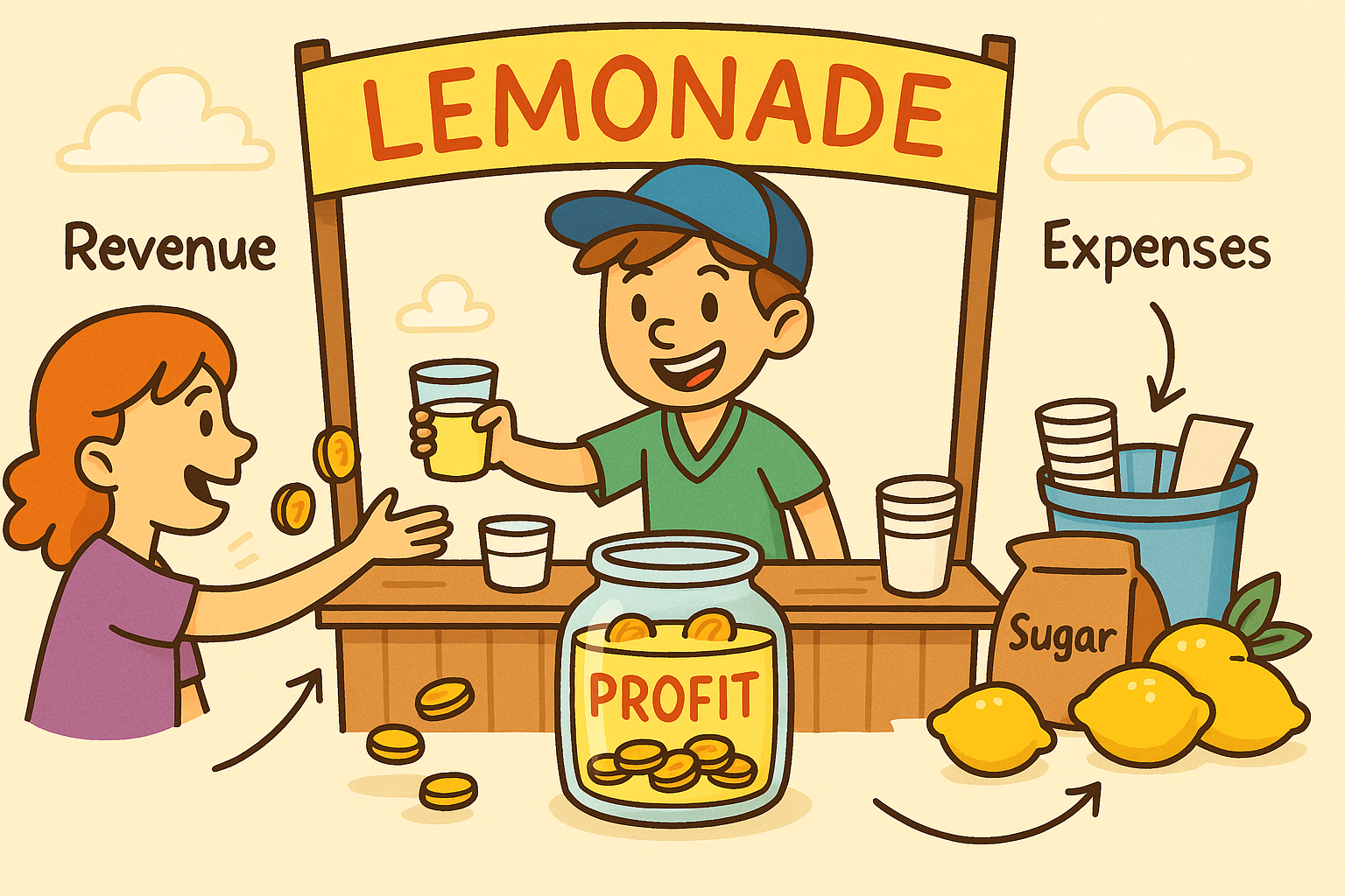 Cartoon-style lemonade stand illustration with a child selling lemonade, coins labeled Revenue flowing in from a customer, lemons and sugar labeled Expenses, and a jar labeled Profit in the center.