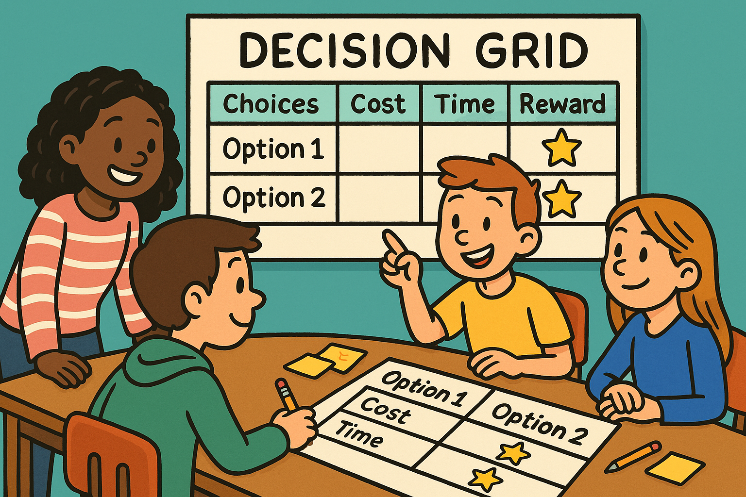 A group of students discussing a decision grid with options, costs, time, and rewards on a whiteboard in a classroom setting, learning how to make smart business choices.