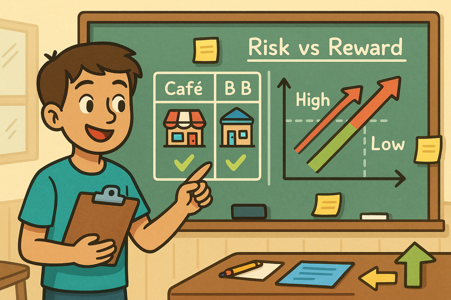 A student presenting a comparison between two cafés labeled Café A and Café B on a classroom board titled Risk vs Reward, showing how higher risk can lead to higher reward.