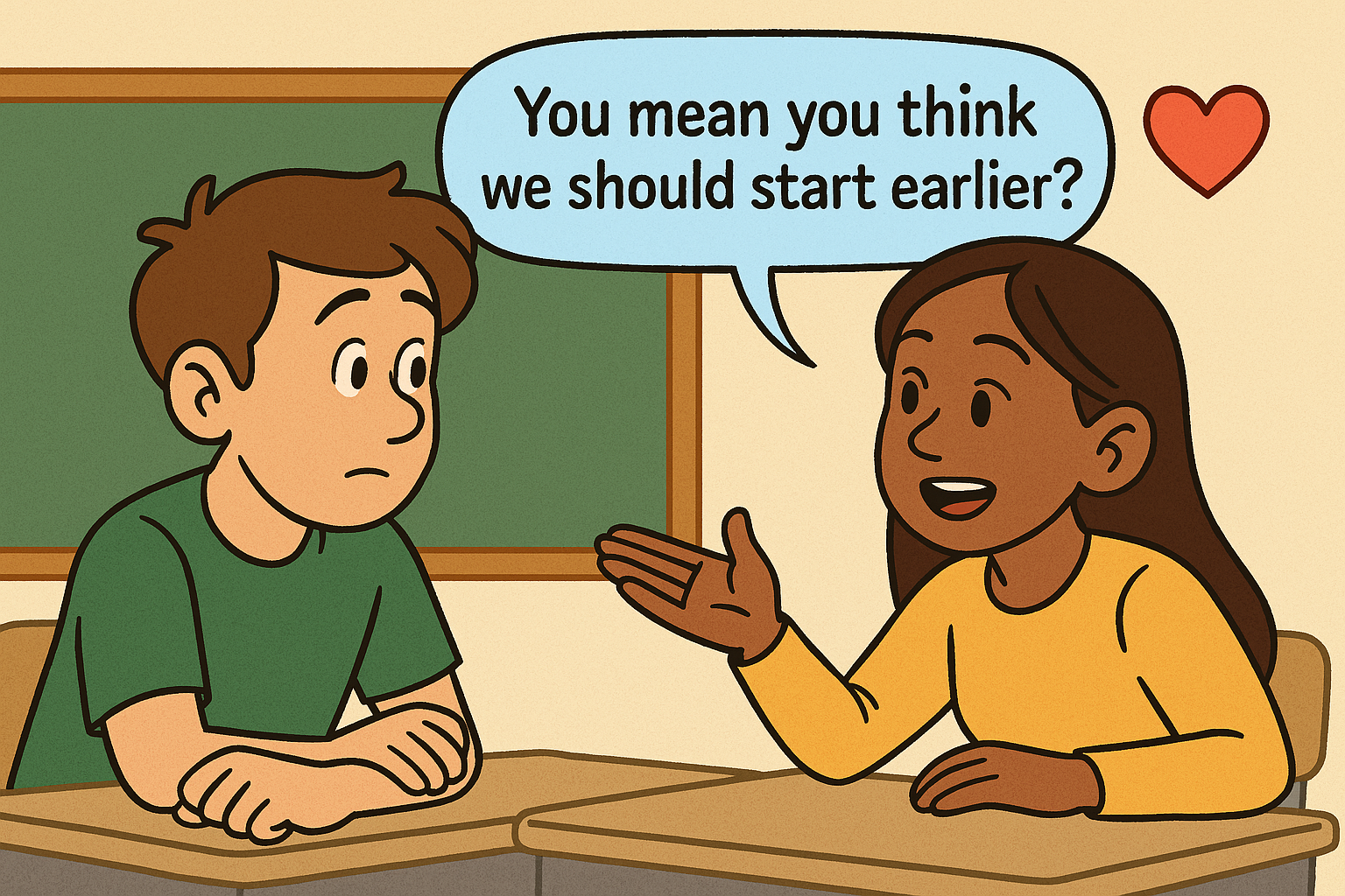 A student leaning in to listen while another speaks, with a dialogue bubble that reads 'You mean you think we should start earlier?' and a small heart icon symbolizing trust.