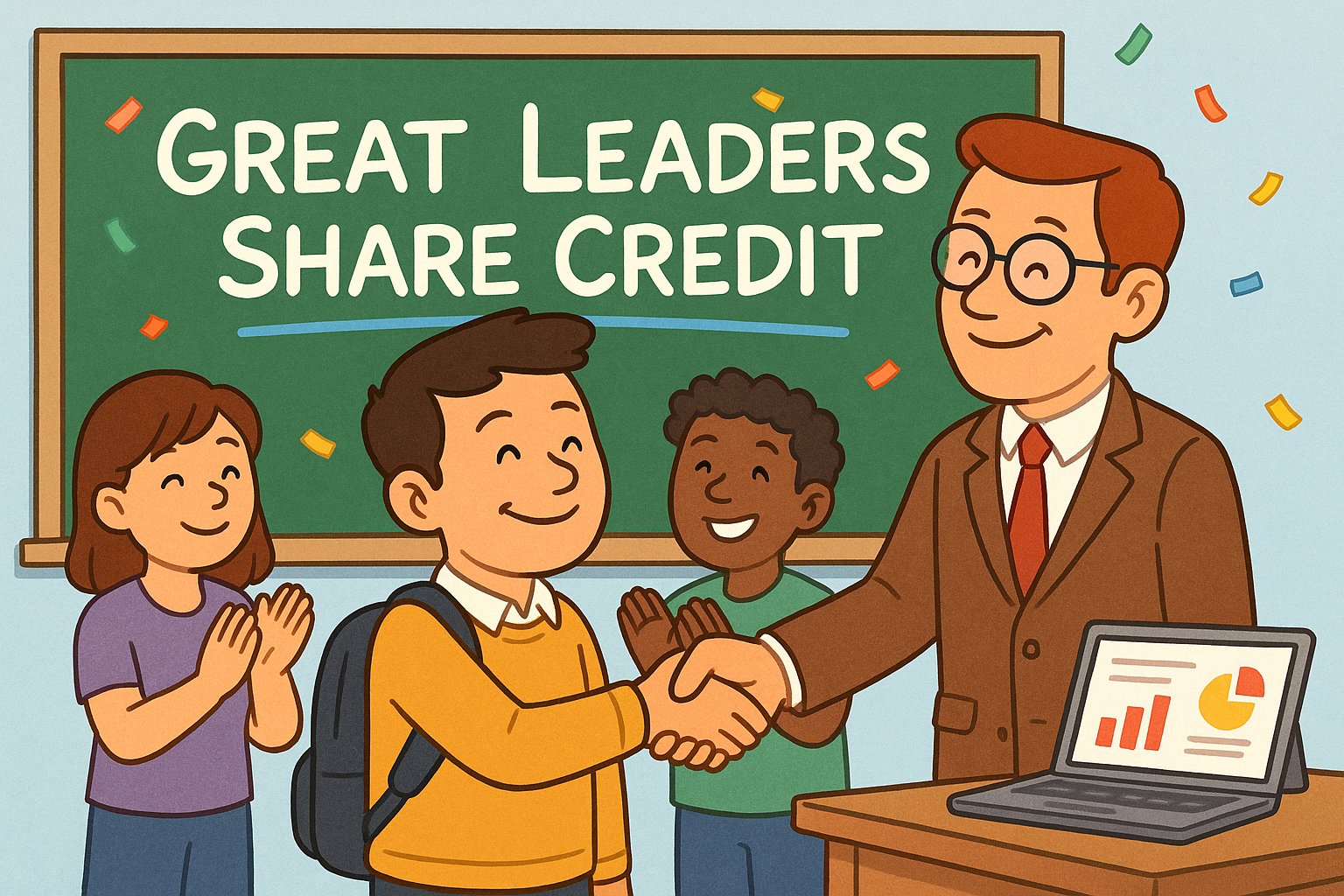 A teacher and student shaking hands after a successful presentation, with teammates clapping in the background and a board reading 'Great Leaders Share Credit'.