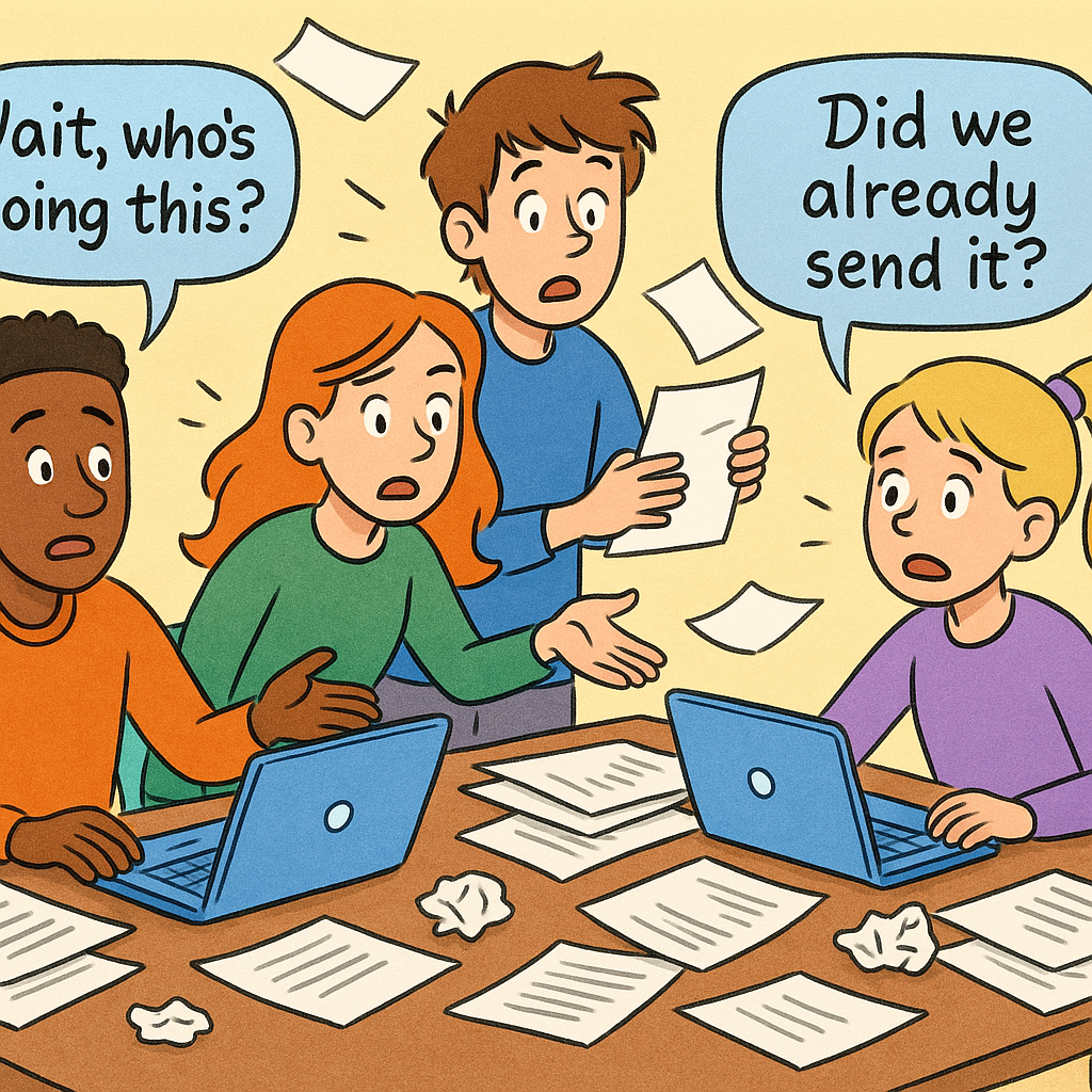 Four students sitting at a messy table with laptops and flying papers, looking confused. Speech bubbles say 'Wait, who’s doing this?' and 'Did we already send it?'.