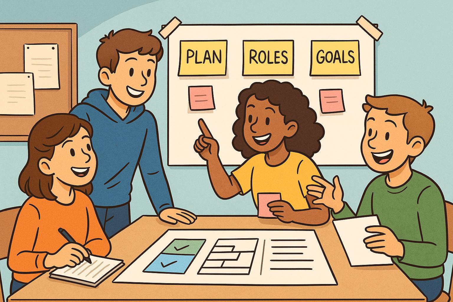 A group of students collaborating in a classroom around a board labeled Plan, Roles, and Goals with sticky notes and charts.