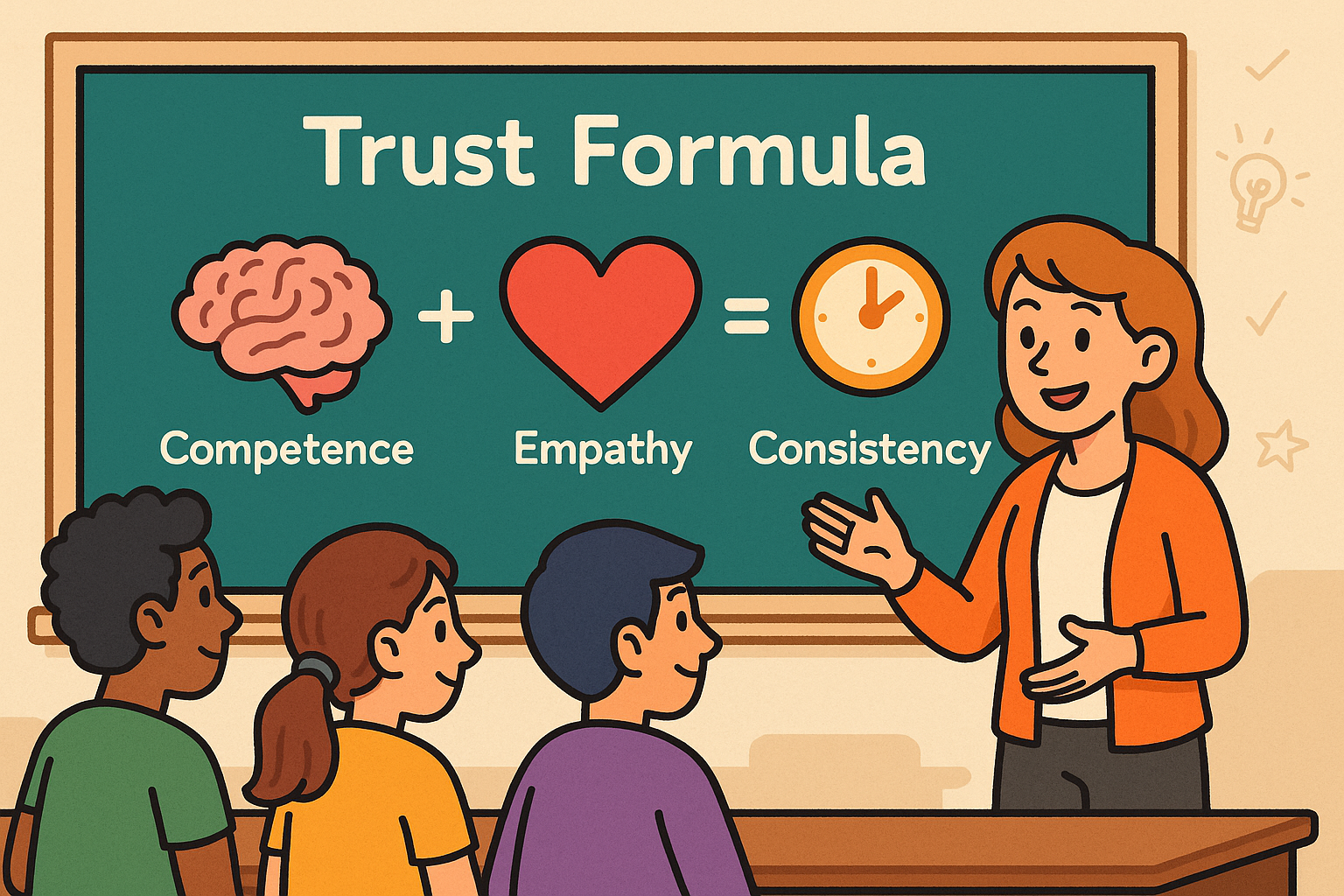 A teacher pointing to a classroom board displaying the Trust Formula with icons: brain for Competence, heart for Empathy, and clock for Consistency. Students sit at desks nodding as they connect the ideas.