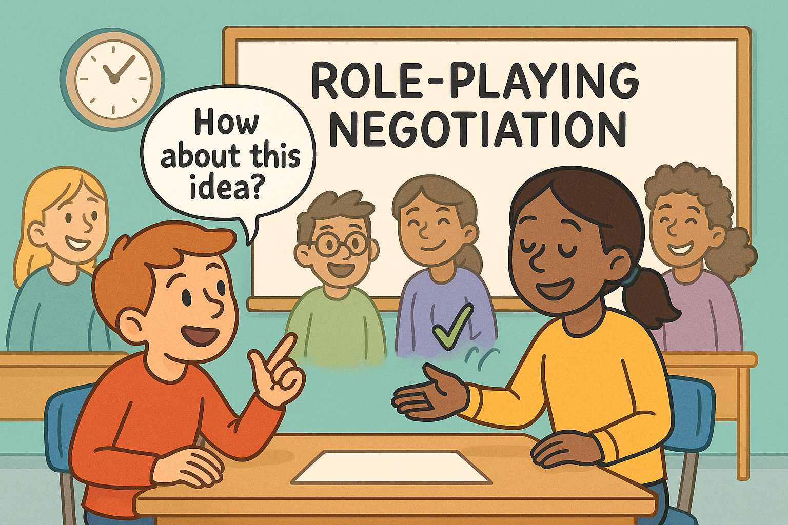 Two students role-playing negotiation in a classroom, one offering an idea while the other nods, with classmates smiling and observing in the background.