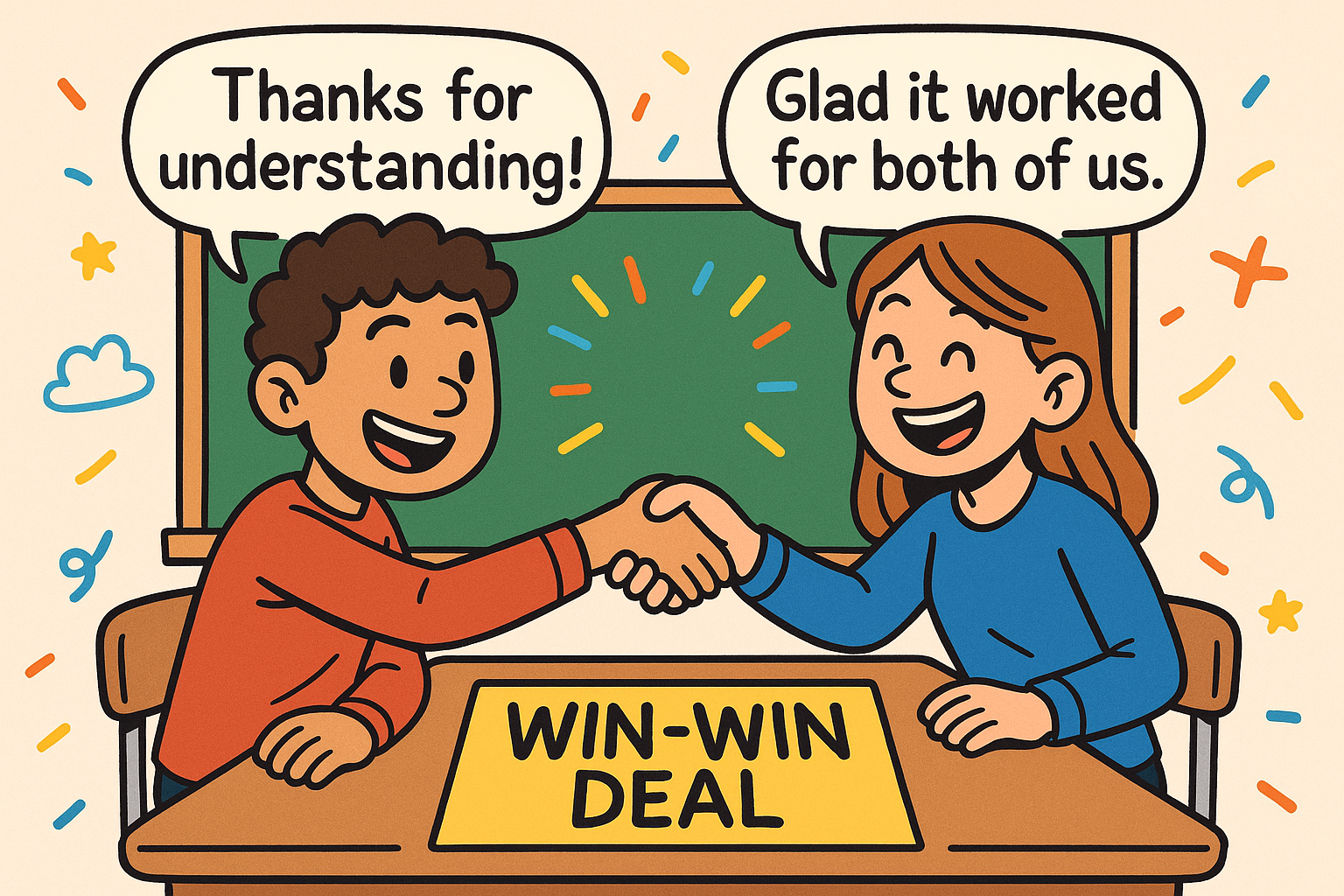 Two students shaking hands over a table labeled Win–Win Deal, smiling with speech bubbles saying 'Thanks for understanding!' and 'Glad it worked for both of us.'