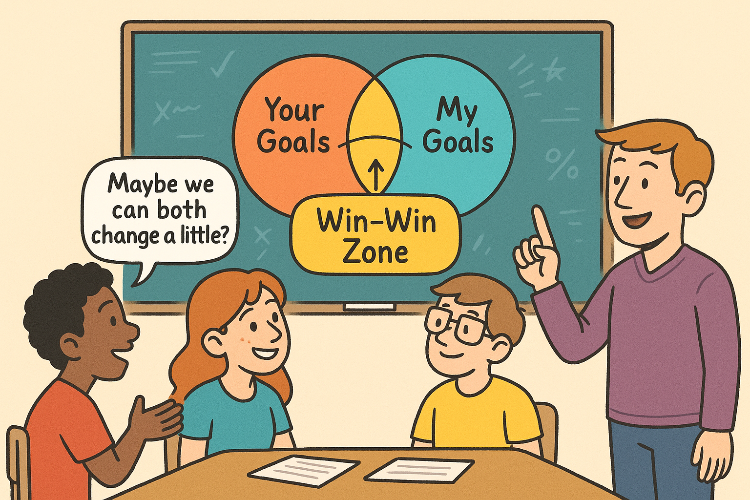 A classroom whiteboard with a Venn diagram showing Your Goals, My Goals, and Win–Win Zone. Students stand around discussing and pointing at the overlapping area.
