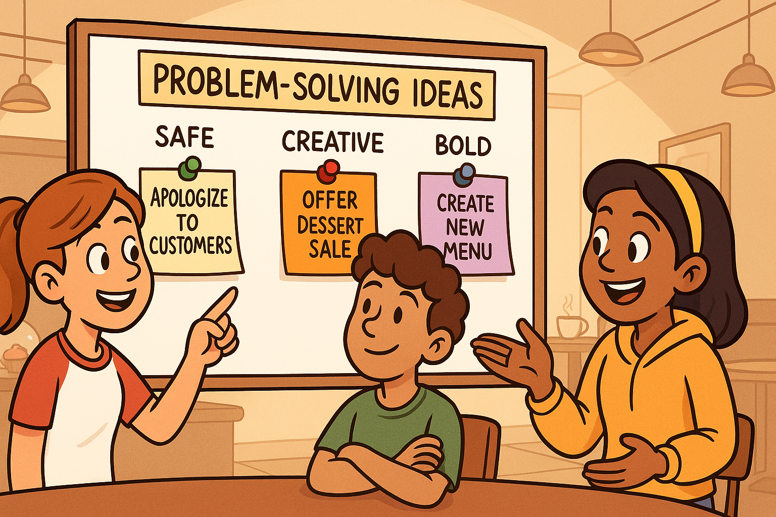 Three students in a café brainstorming around a whiteboard labeled Problem-Solving Ideas, with cards under Safe, Creative, and Bold categories.