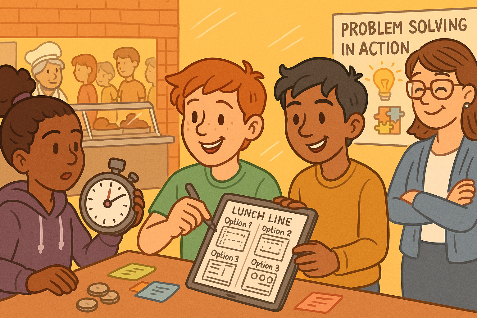 Three students in a school cafeteria timing the lunch line, one holding a stopwatch and another drawing layout options on a tablet, while a teacher watches approvingly.