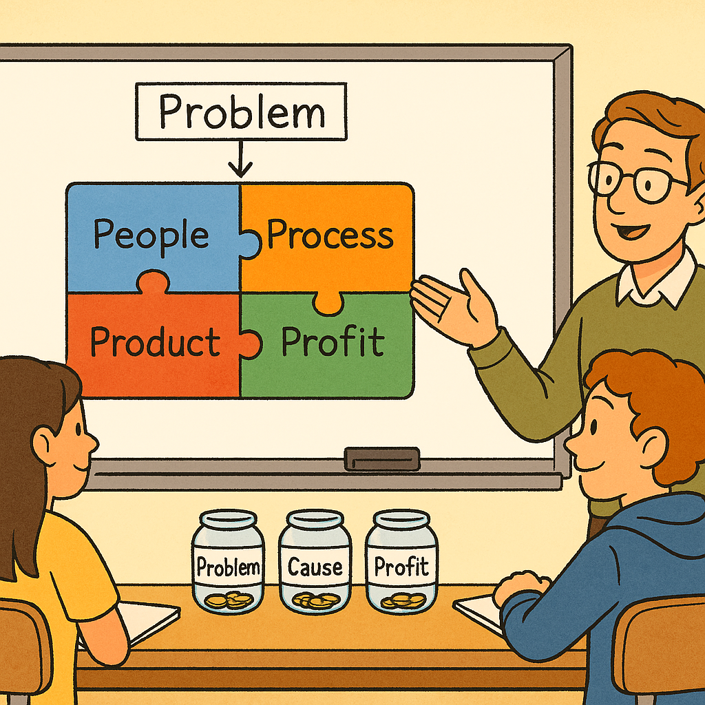 A teacher explaining a whiteboard divided into four colorful puzzle pieces labeled People, Process, Product, and Profit. Two students sit at desks listening carefully in a classroom setting.