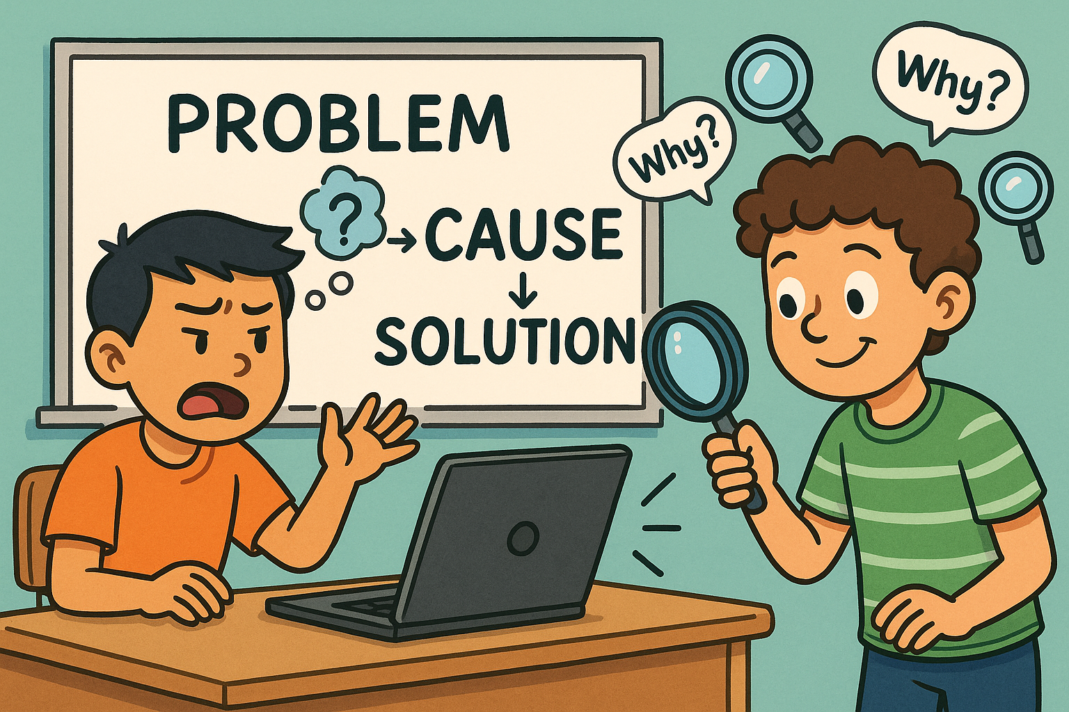 Two students in a classroom: one frustrated with a laptop showing an error, another examining it with a magnifying glass. Behind them, a whiteboard shows Problem → Cause → Solution with arrows.