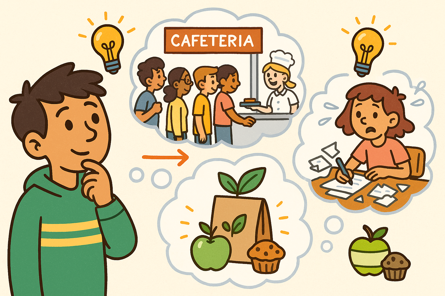 A student looking at everyday problems like long lines or messy desks, with lightbulb icons above each issue.