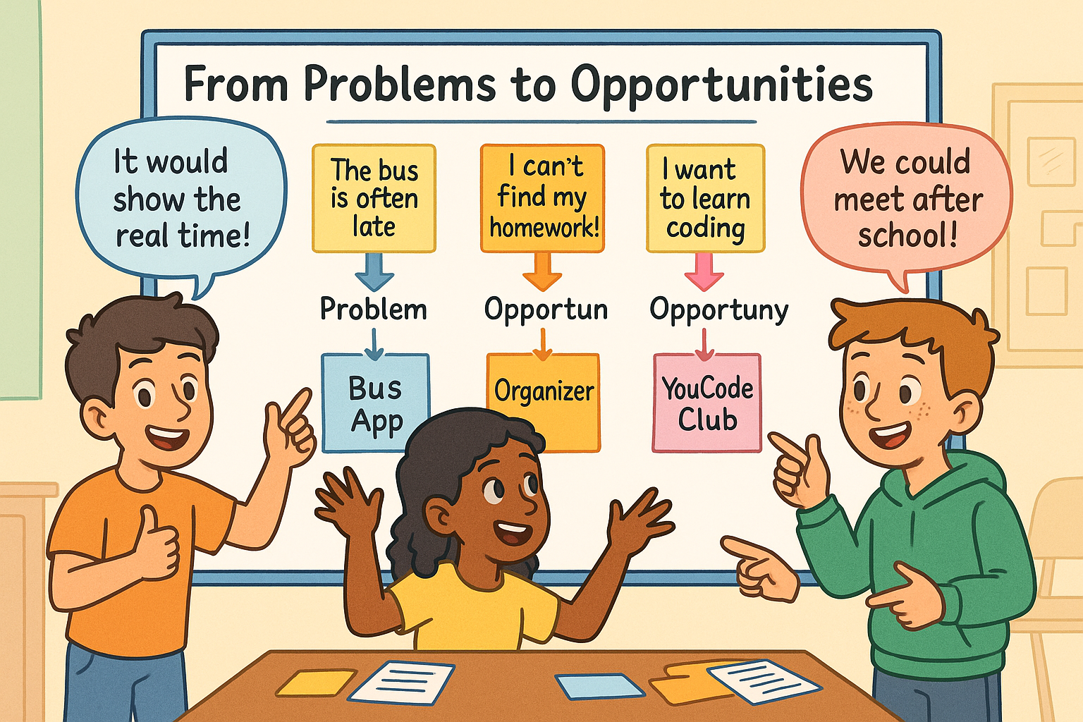 A colorful classroom whiteboard covered with sticky notes and quick sketches of apps, food stands, and delivery ideas.