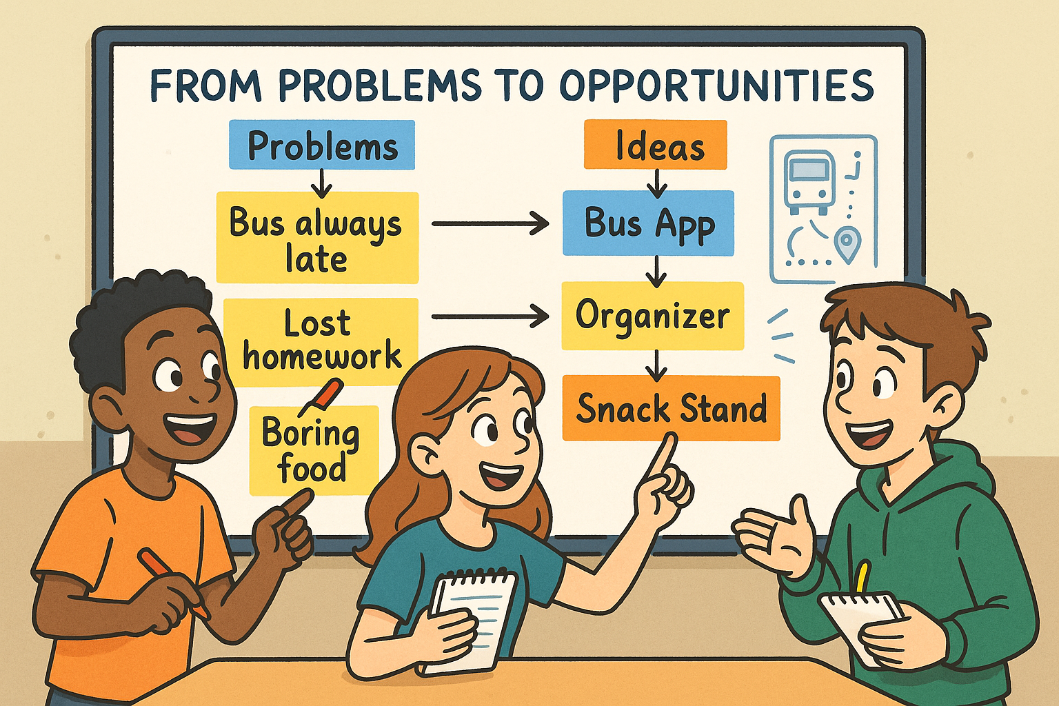 A small group of students sharing ideas and laughing, sticky notes on the wall labeled 'Try It', 'Too Hard', and 'Cool!'.