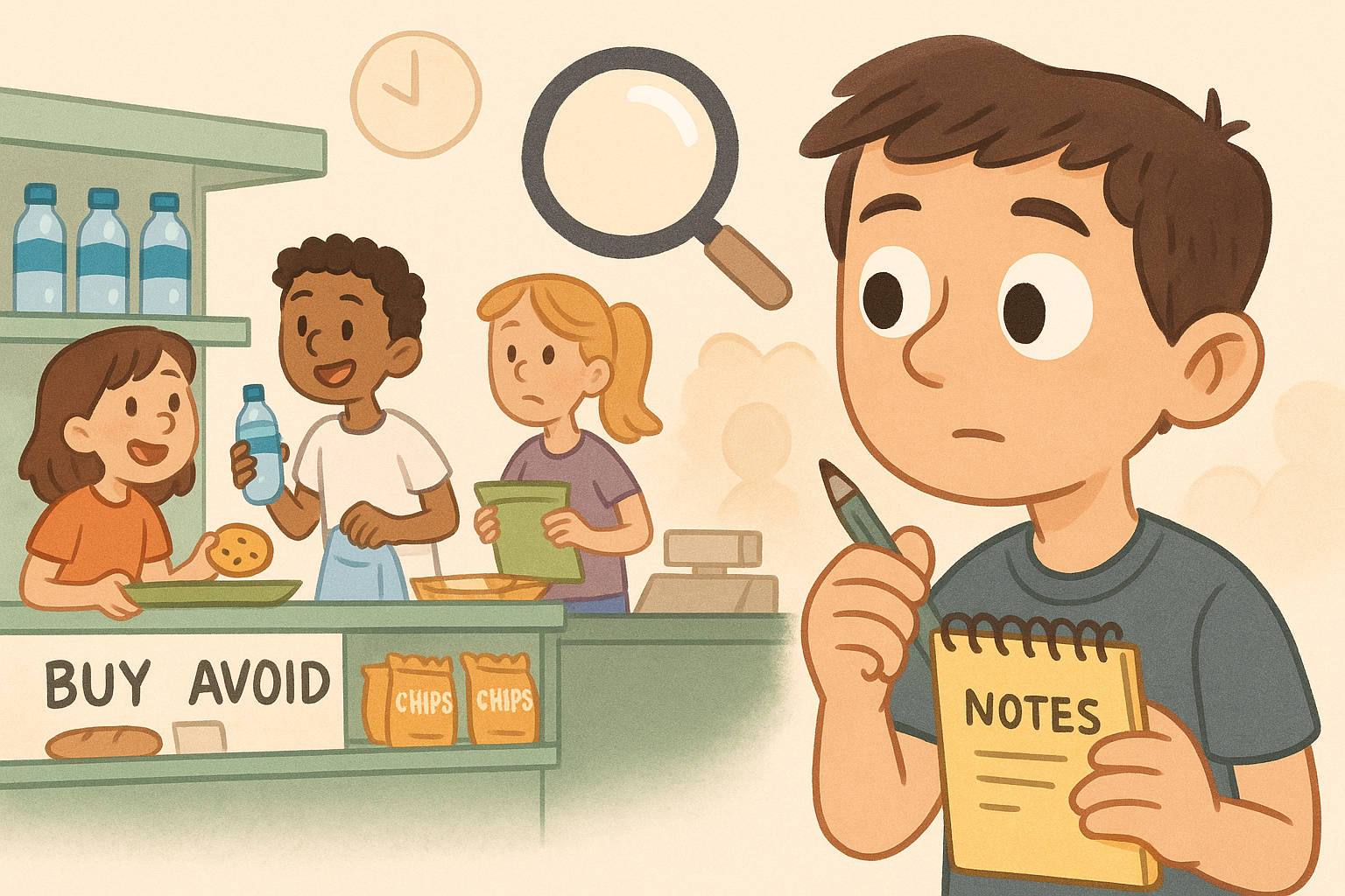 A student with a notebook observing classmates in a cafeteria, watching what snacks they buy and what they avoid. A magnifying glass icon above the scene.
