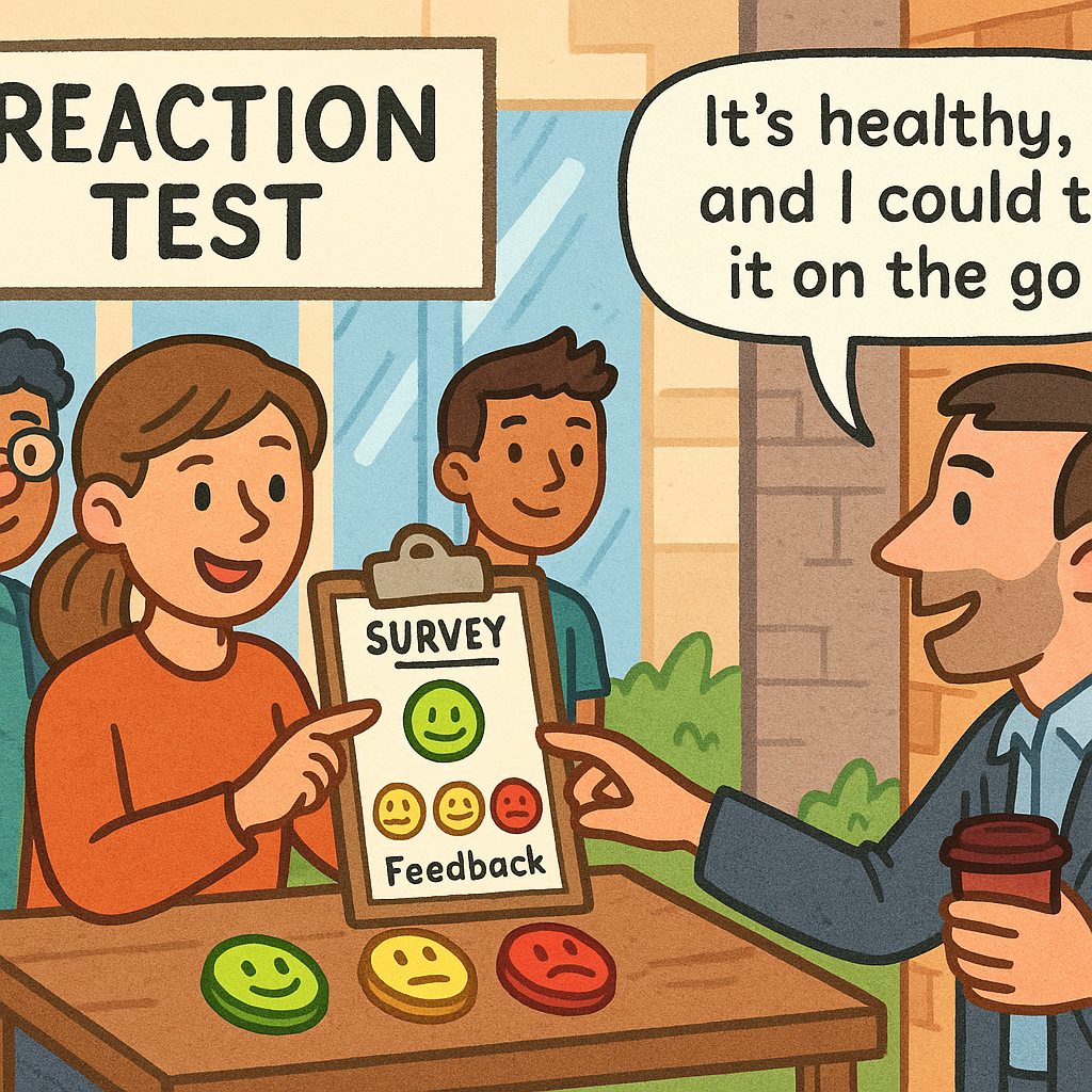 A student showing a simple poster with a business idea to two friends; one looks interested and the other thoughtful, while notes on the table say 'feedback', 'pricing', and 'needs'.