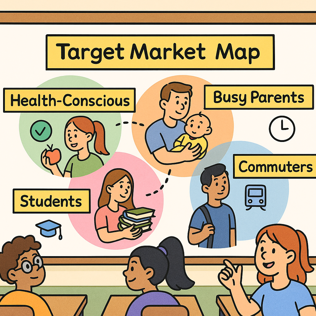A classroom whiteboard showing circles labeled Who, Where, and What They Care About, connected by arrows. Students write ideas like 'teens', 'after school', and 'save time'.