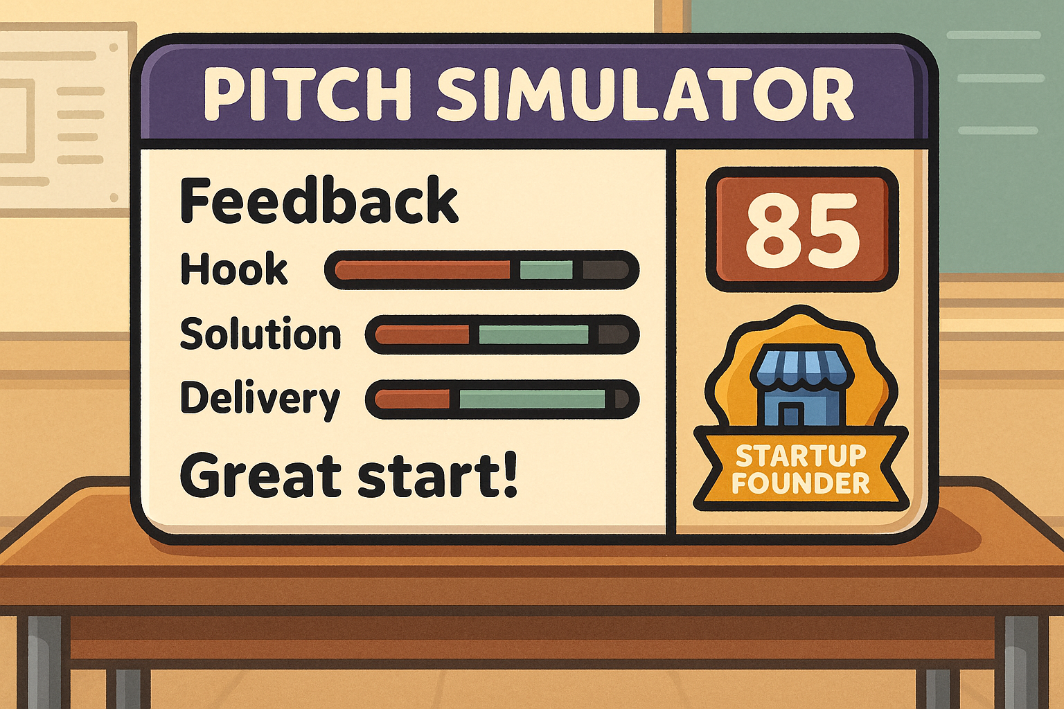 A game-style dashboard showing a student’s pitch feedback with scores for Structure, Clarity, Emotion, and Timing, and a badge icon that says Startup Founder.