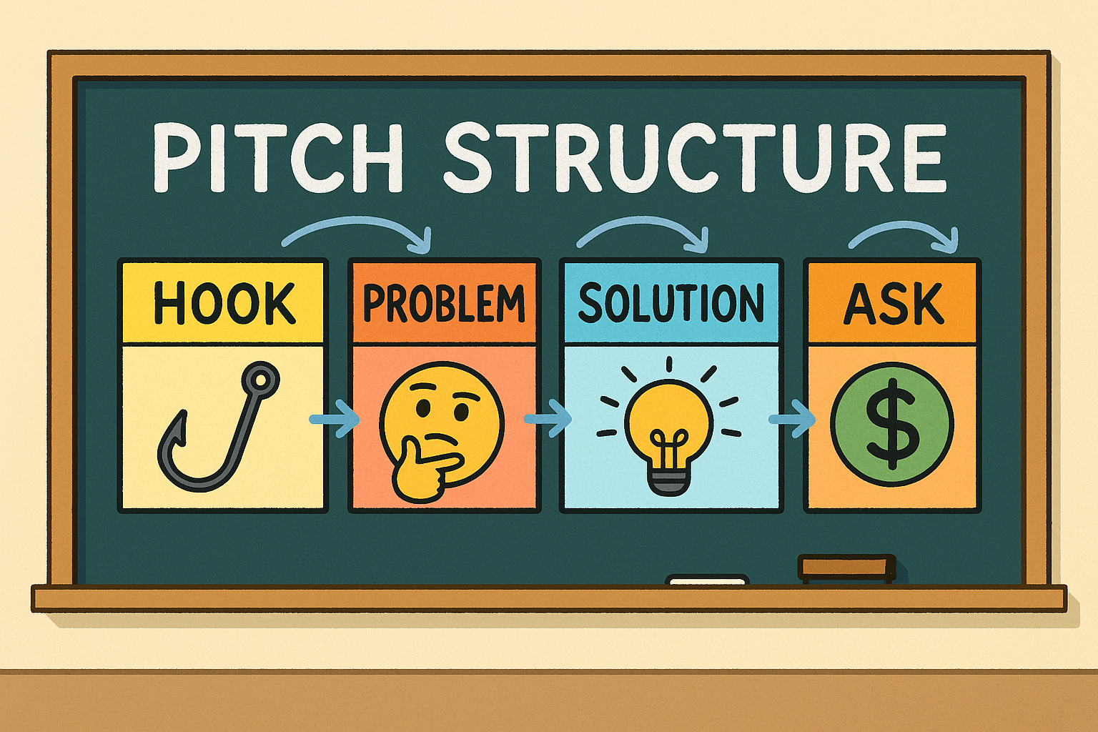 A whiteboard diagram labeled Hook, Problem, Solution, Ask, connected by colorful arrows and icons like a lightbulb and microphone.