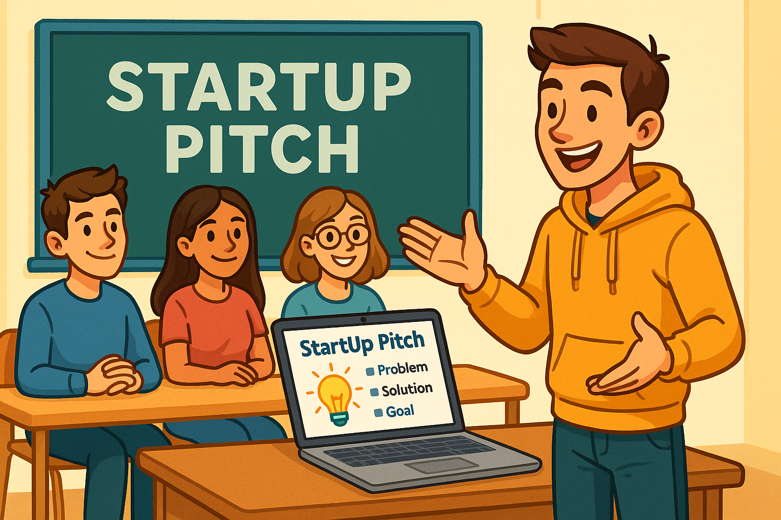 A student presenting their startup pitch to classmates using a laptop and slides, with a confident smile and supportive audience.