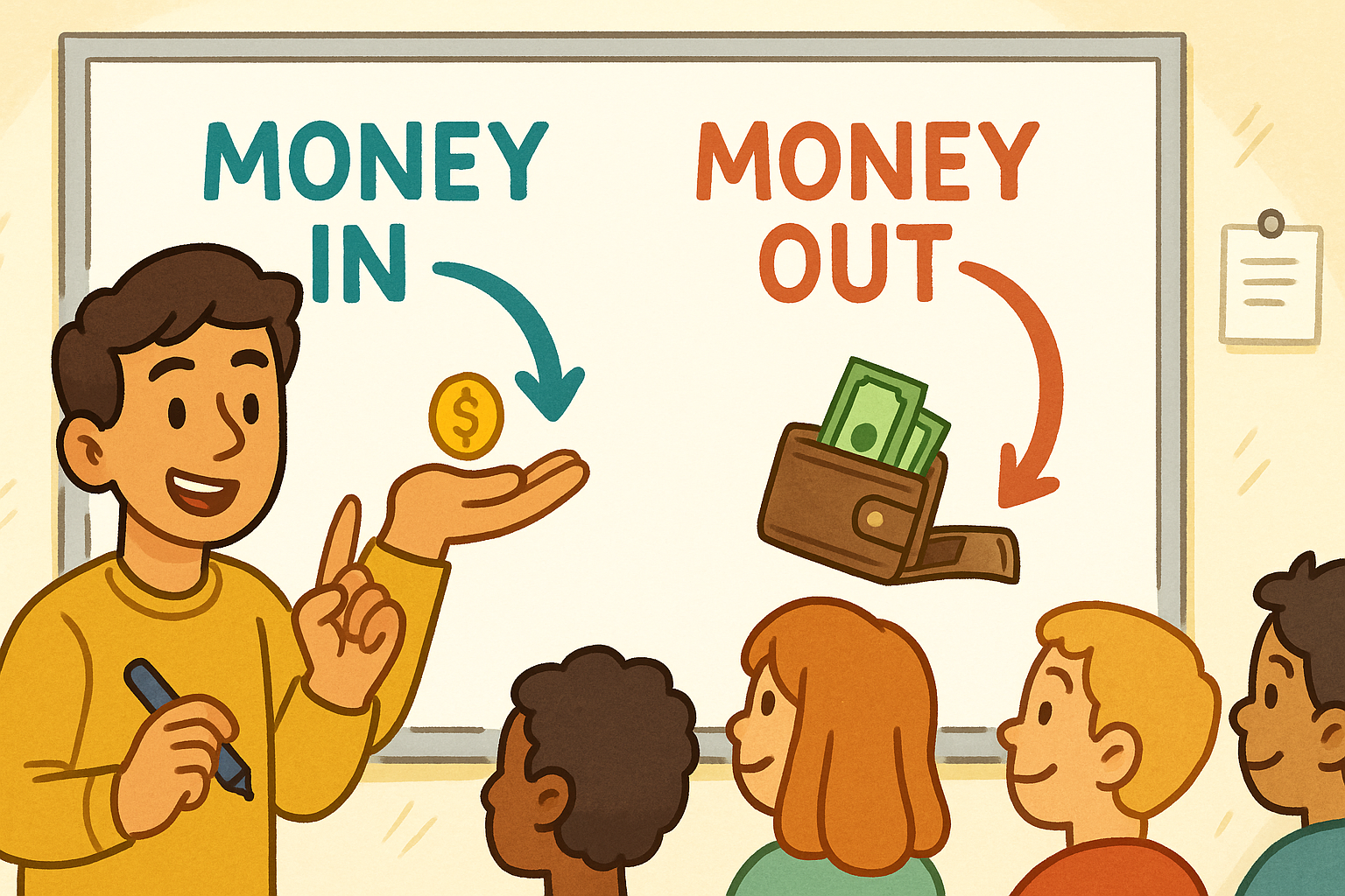 A classroom whiteboard showing arrows labeled Money In and Money Out, with icons for Sales, Subscription, and Commission.