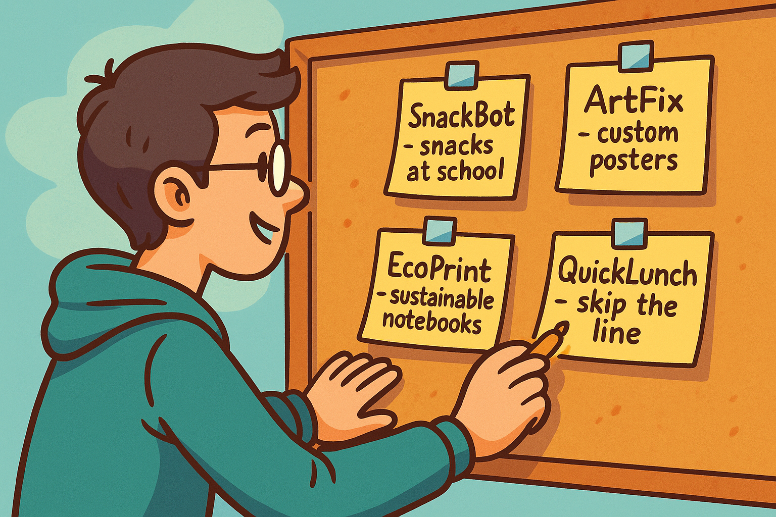 A student writing one-line business descriptions on sticky notes, like 'QuickLunch – skip the line' and 'EcoPrint – sustainable notebooks'.