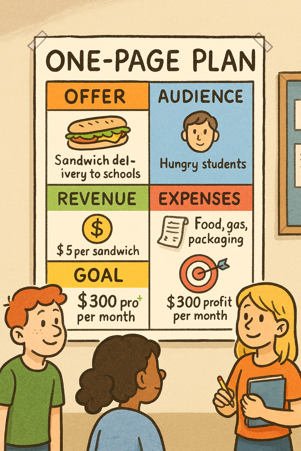 A friendly classroom poster showing a one-page business plan template with colorful sections for Idea, Problem, Solution, Audience, Revenue, and Costs.
