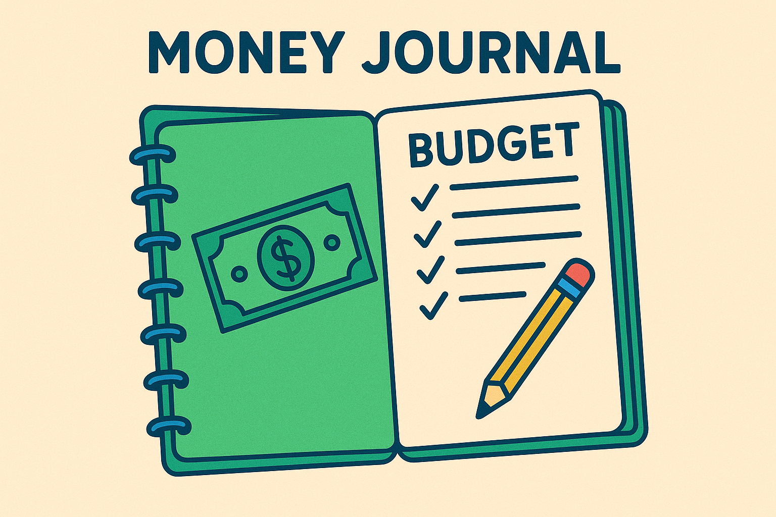 Notebook labeled My Money Journal with doodles of coins, checkmarks, and emojis