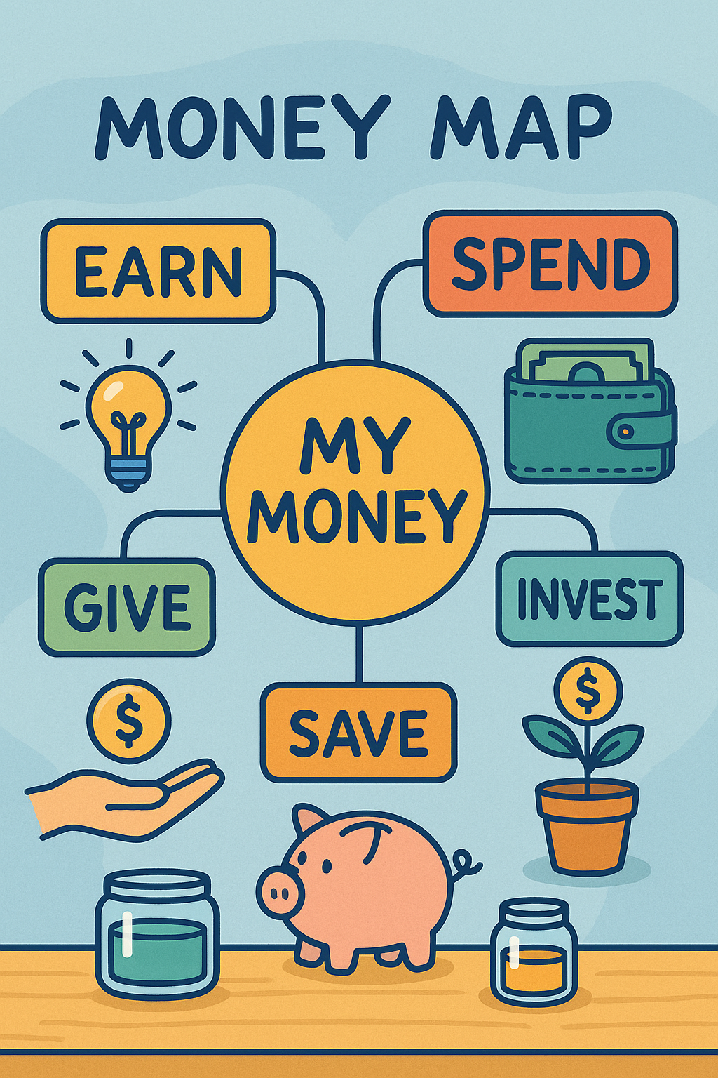 Colorful infographic showing a student's money flow with arrows from inflow to outflow to goals