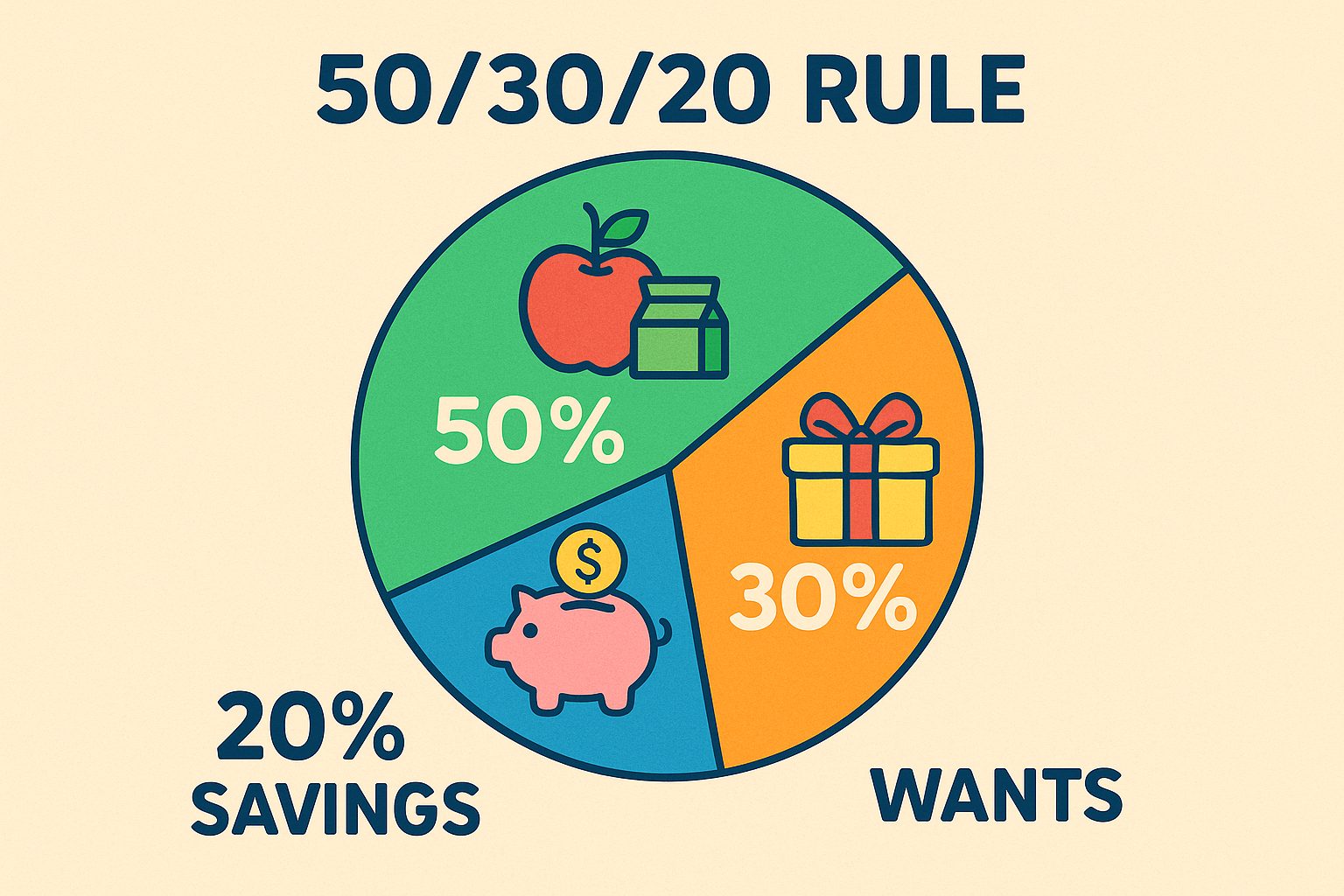 Colorful pie chart showing 50 percent needs, 30 percent wants, and 20 percent savings