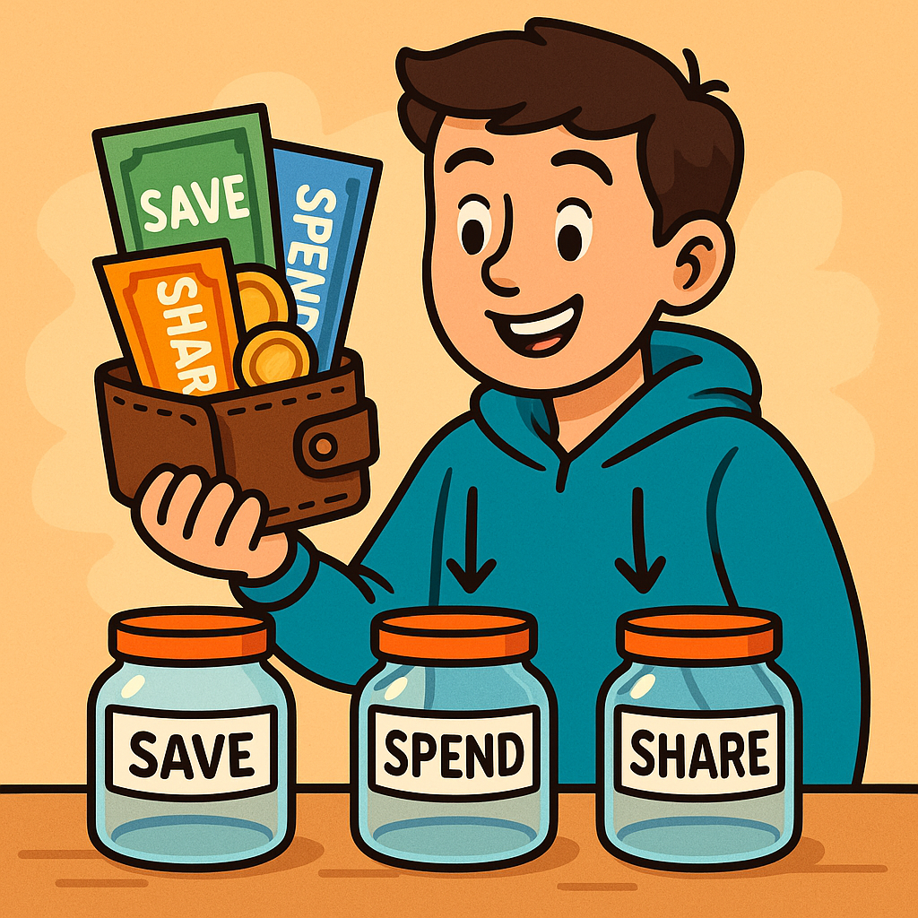 Student holding wallet labeled Save, Spend, Share and pointing to three jars on a desk
