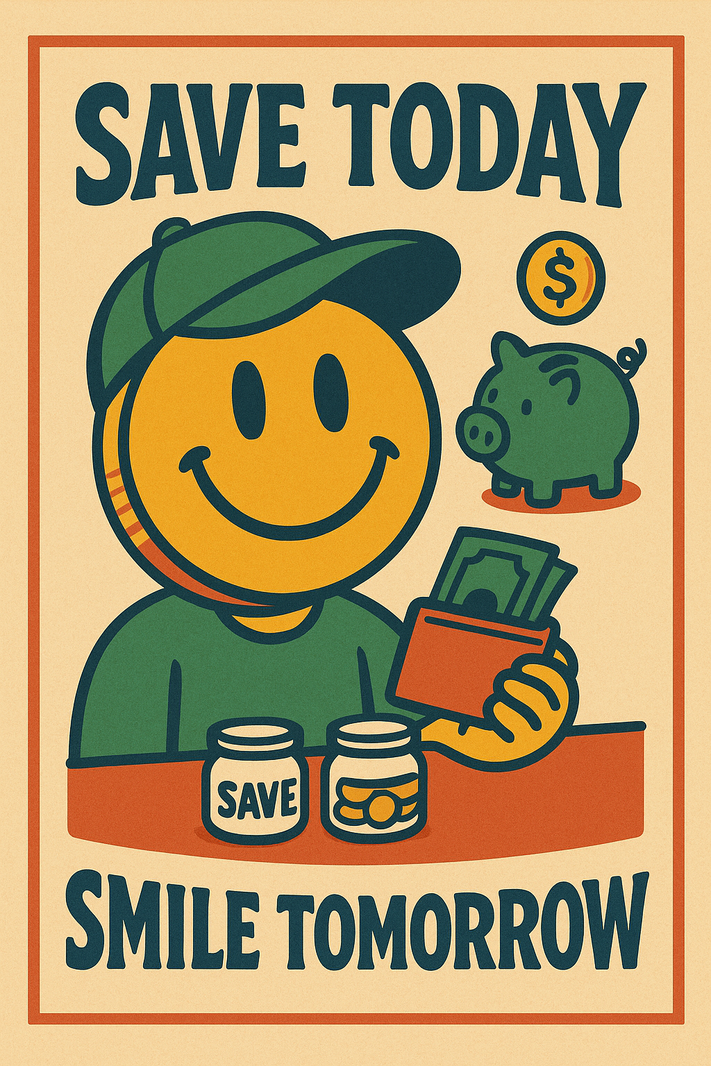 Motivational poster reading Save today, Smile tomorrow with a student putting a coin into a rocket-shaped piggy bank