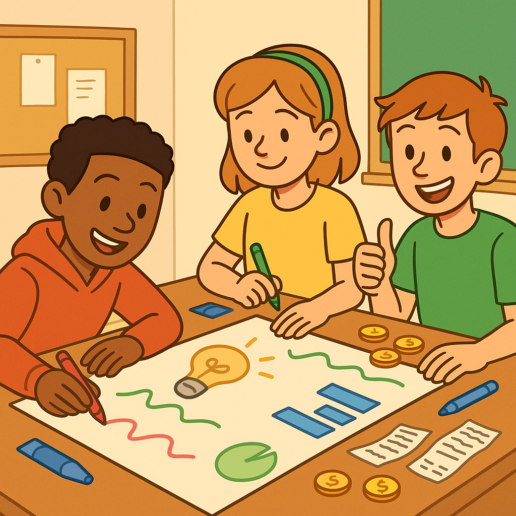 Students in a classroom working together on a colorful poster with coins, receipts, and markers on the desk.