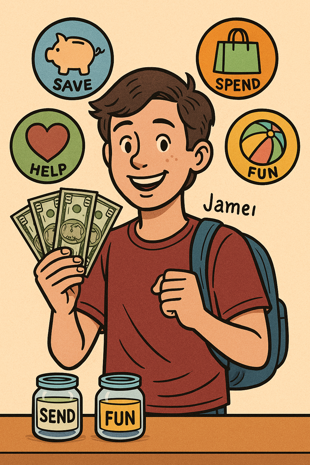 Jamie holds $40 while four icons float around: a piggy bank for save, a shopping bag for spend, a heart-in-hand for help, and a game/music icon for fun.