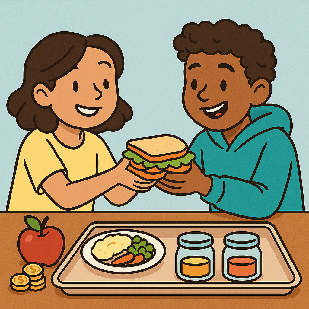 Two friends sharing a sandwich over a lunch tray with coins, an apple, and jars of juice in a school cafeteria.