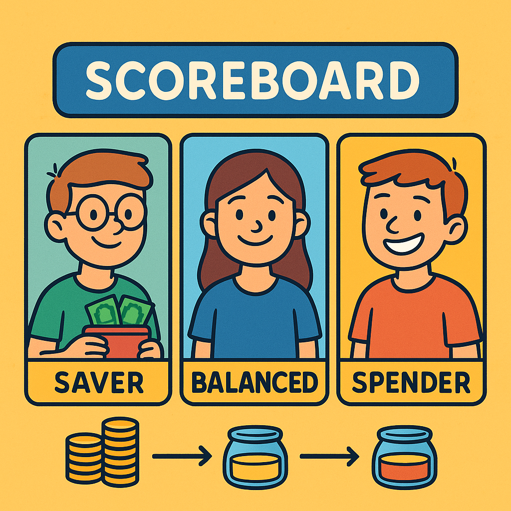 Scoreboard with three characters labeled Saver, Balanced, and Spender, each with different expressions representing spending styles.