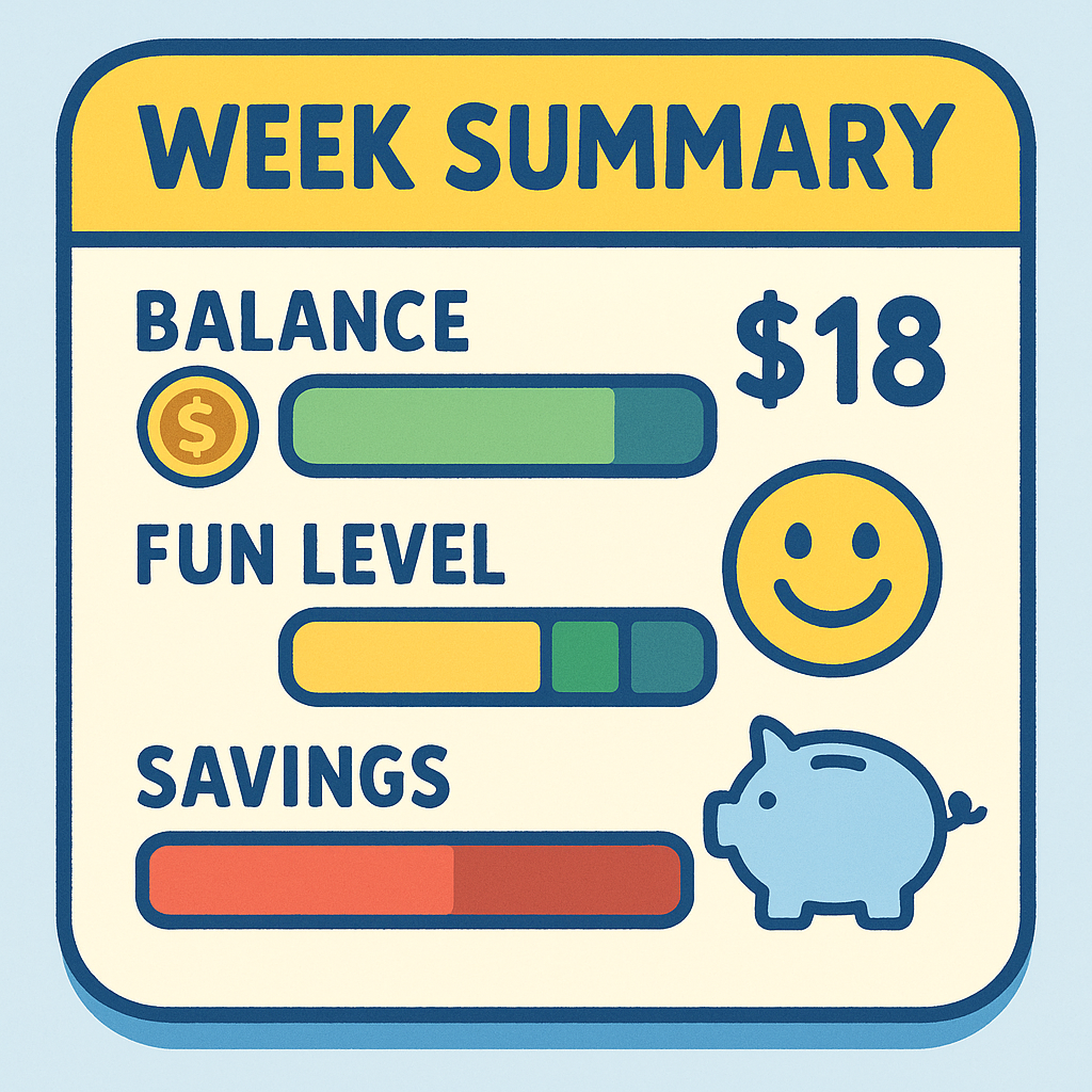 Week Summary game-style dashboard showing Balance, Fun Level, and Savings with green/yellow/red progress bars.