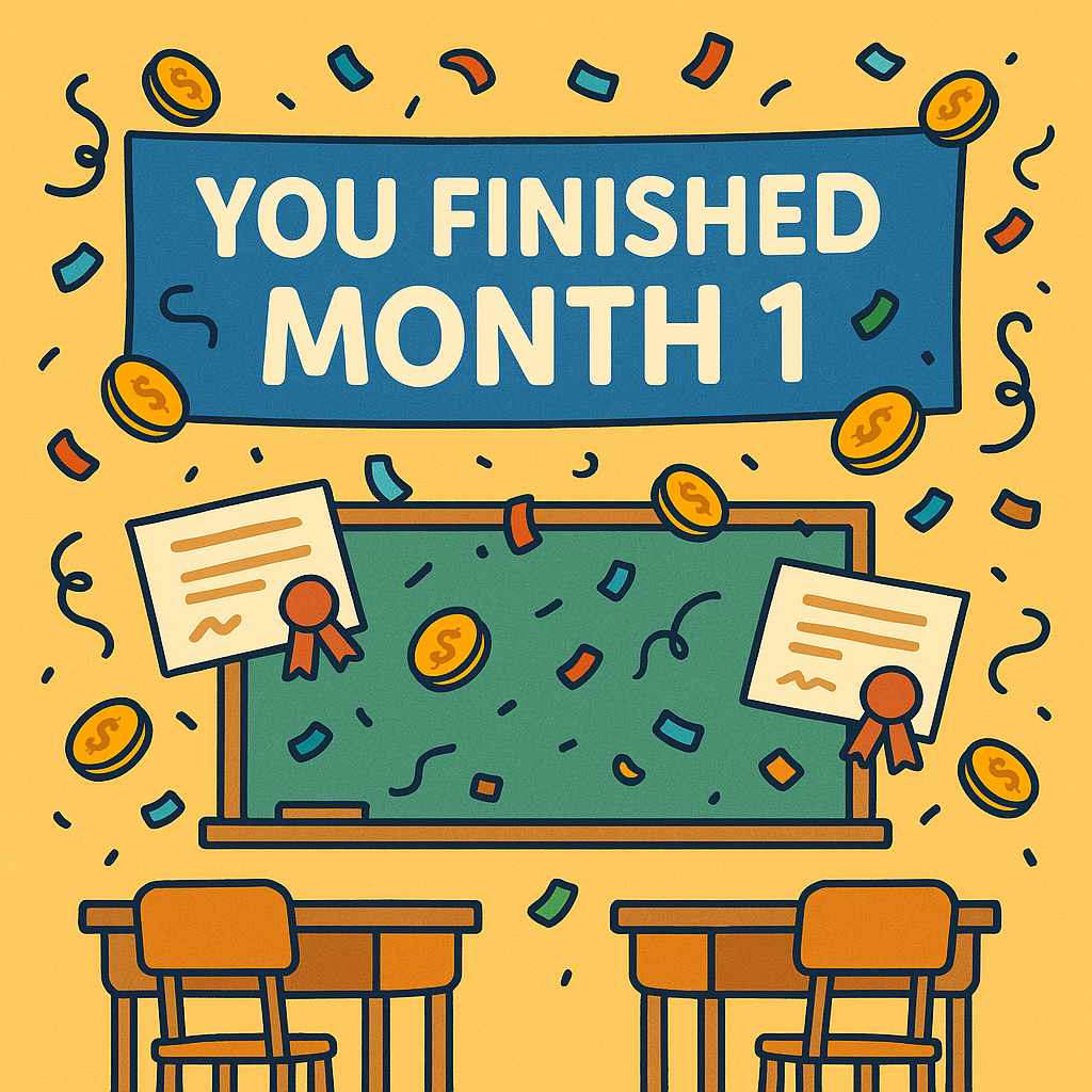 Celebratory classroom banner reading You Finished Month 1 with coins, certificates, and confetti flying around.