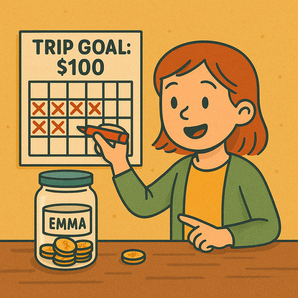 A smiling student named Emma crossing days on a calendar labeled Trip Goal: $100, with a jar of coins slowly filling up on her desk.