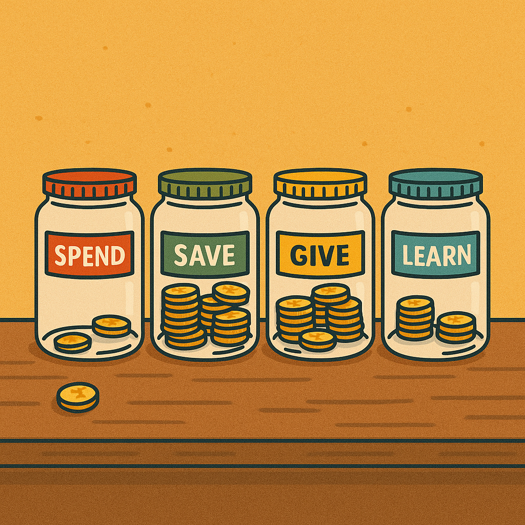 Four transparent jars labeled Spend, Save, Give, and Learn, each filled with different amounts of coins on a wooden desk.