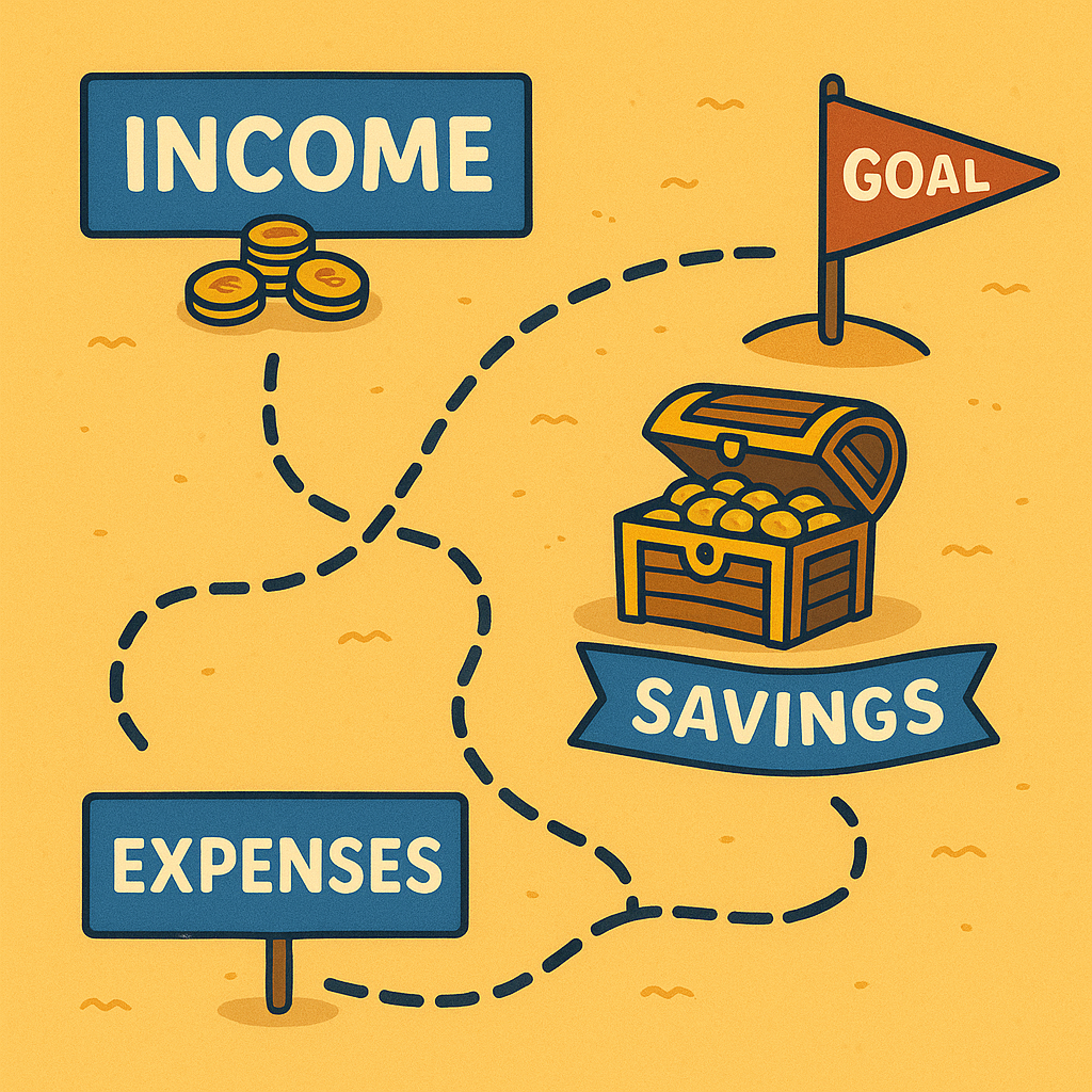 Fun map-style illustration showing Income as the start, Expenses as crossroads, Savings as a treasure chest, and Goal as the destination flag along a dotted path.