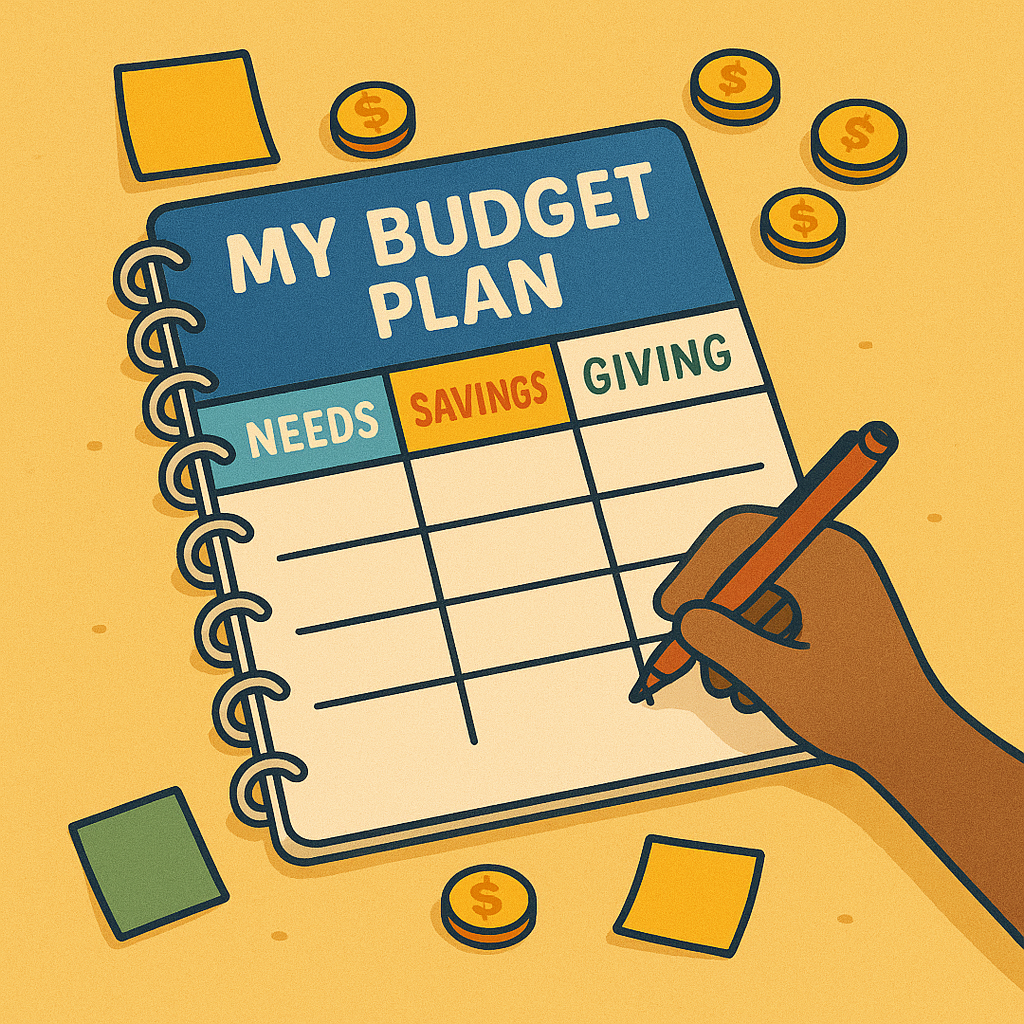 A student filling out a colorful notebook labeled My Budget Plan with categories: Needs, Wants, Savings, and Giving. Coins and sticky notes are scattered around the desk.