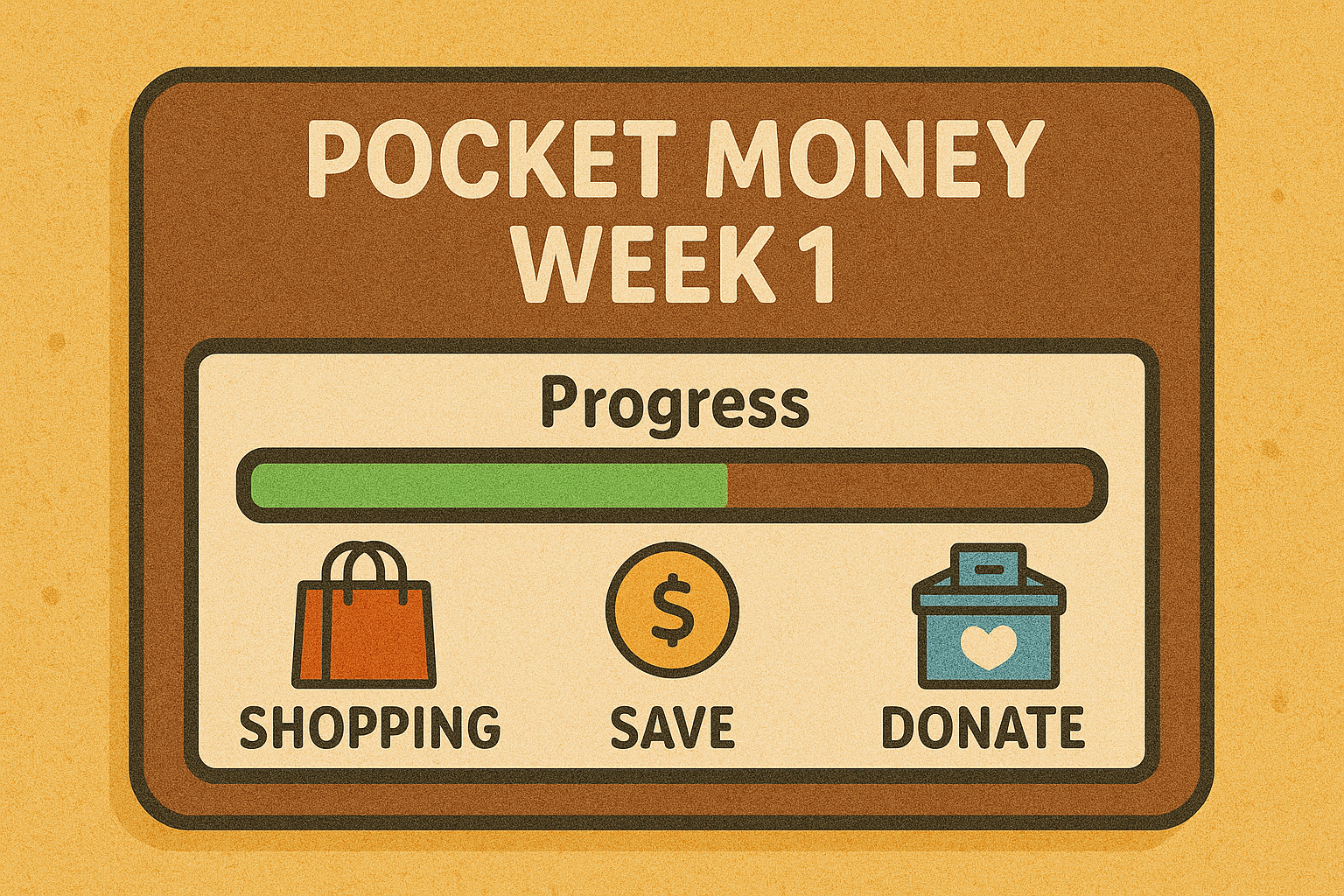 Game-style progress screen labeled Pocket Money Week 1 with icons for Shopping, Saving, and Donating, and a green progress bar.