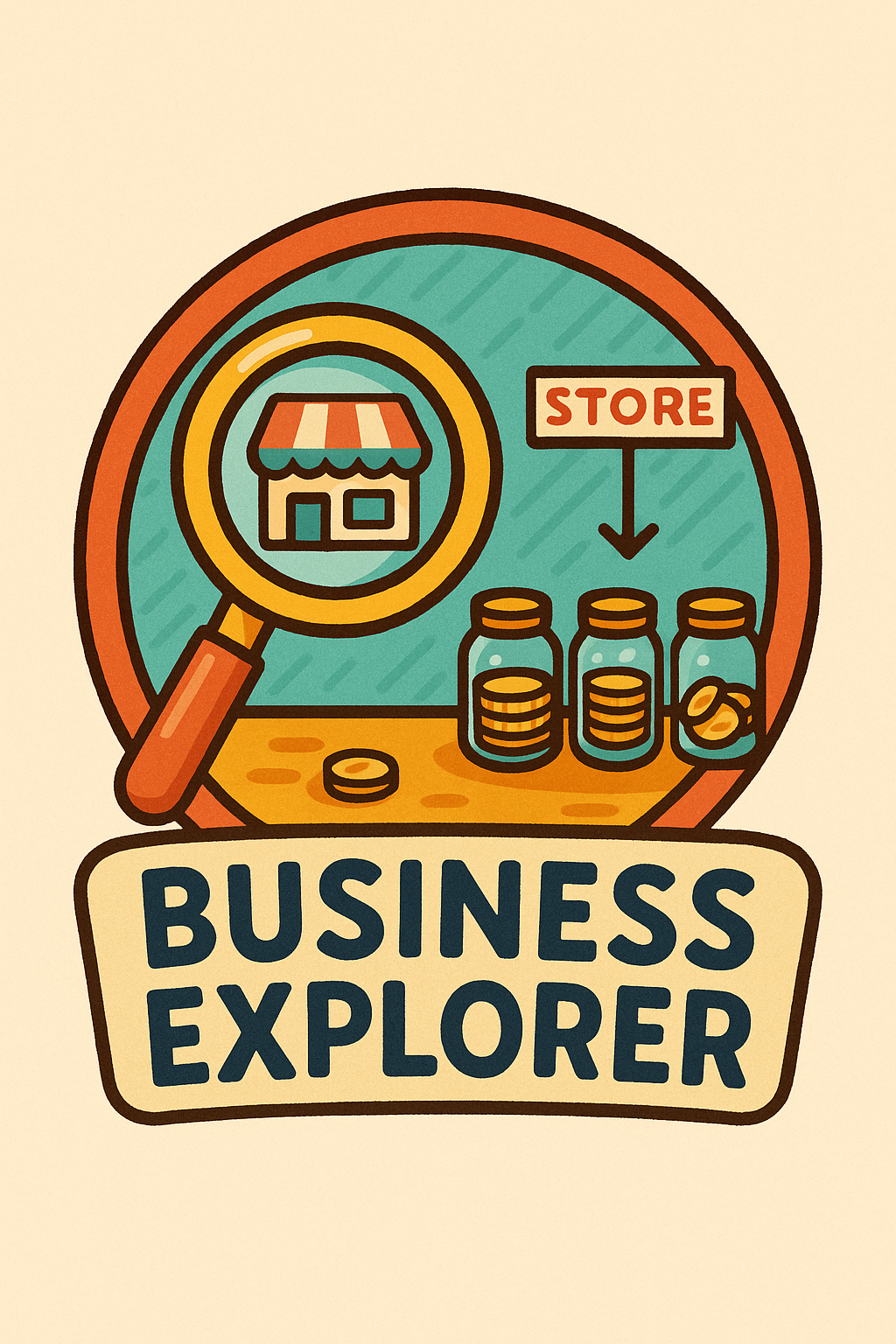 A round digital badge labeled Business Explorer with a magnifying glass over a small store sign, surrounded by coins and ribbons in a playful cartoon style.